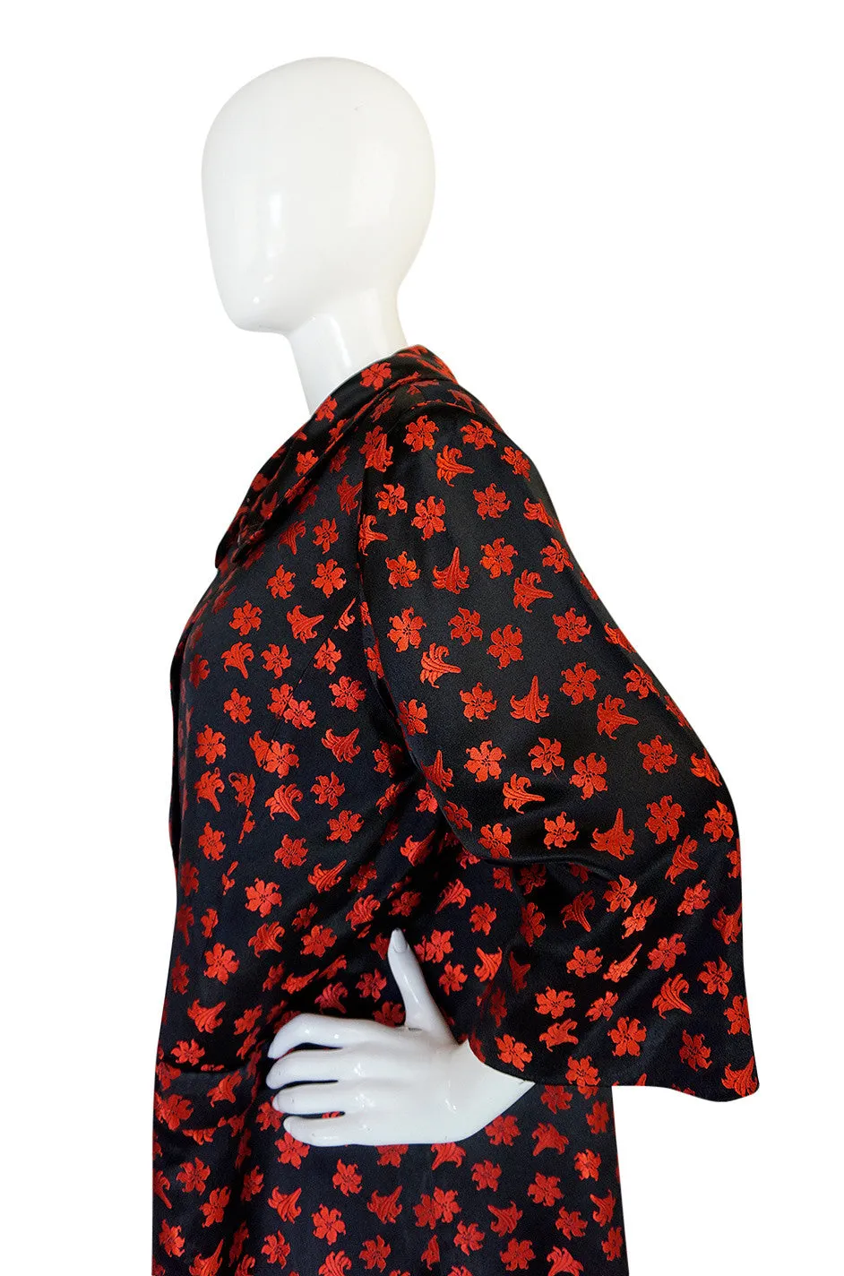 1950s Black Silk w Red Embroidered Floral Detail Swing Coat