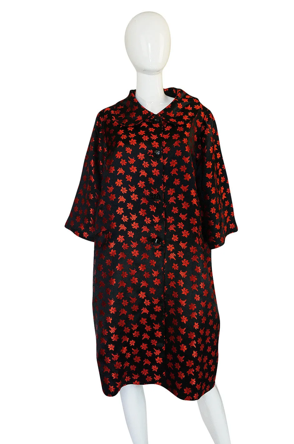 1950s Black Silk w Red Embroidered Floral Detail Swing Coat