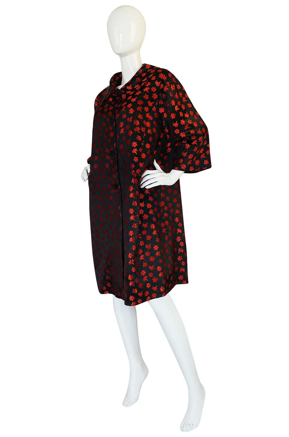 1950s Black Silk w Red Embroidered Floral Detail Swing Coat