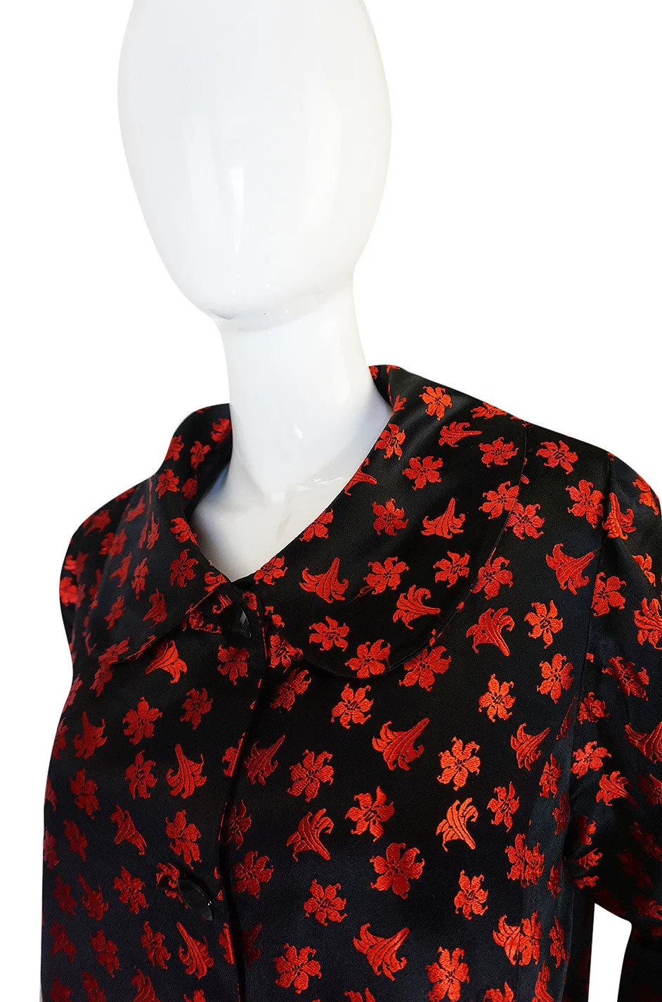 1950s Black Silk w Red Embroidered Floral Detail Swing Coat