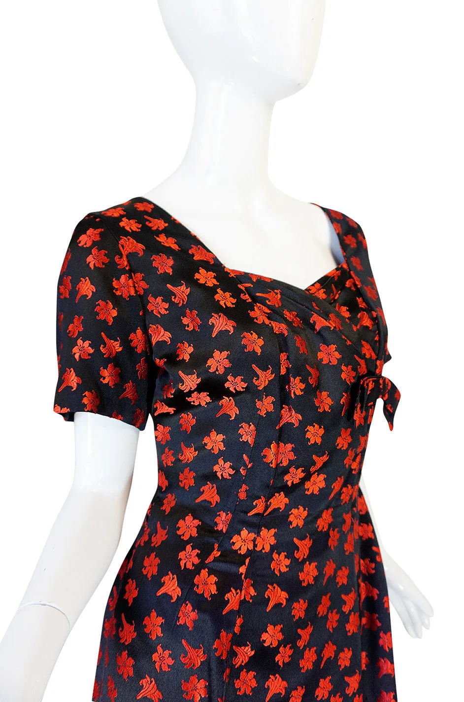 1950s Black Silk with Red Embroidered Floral Detail Dress