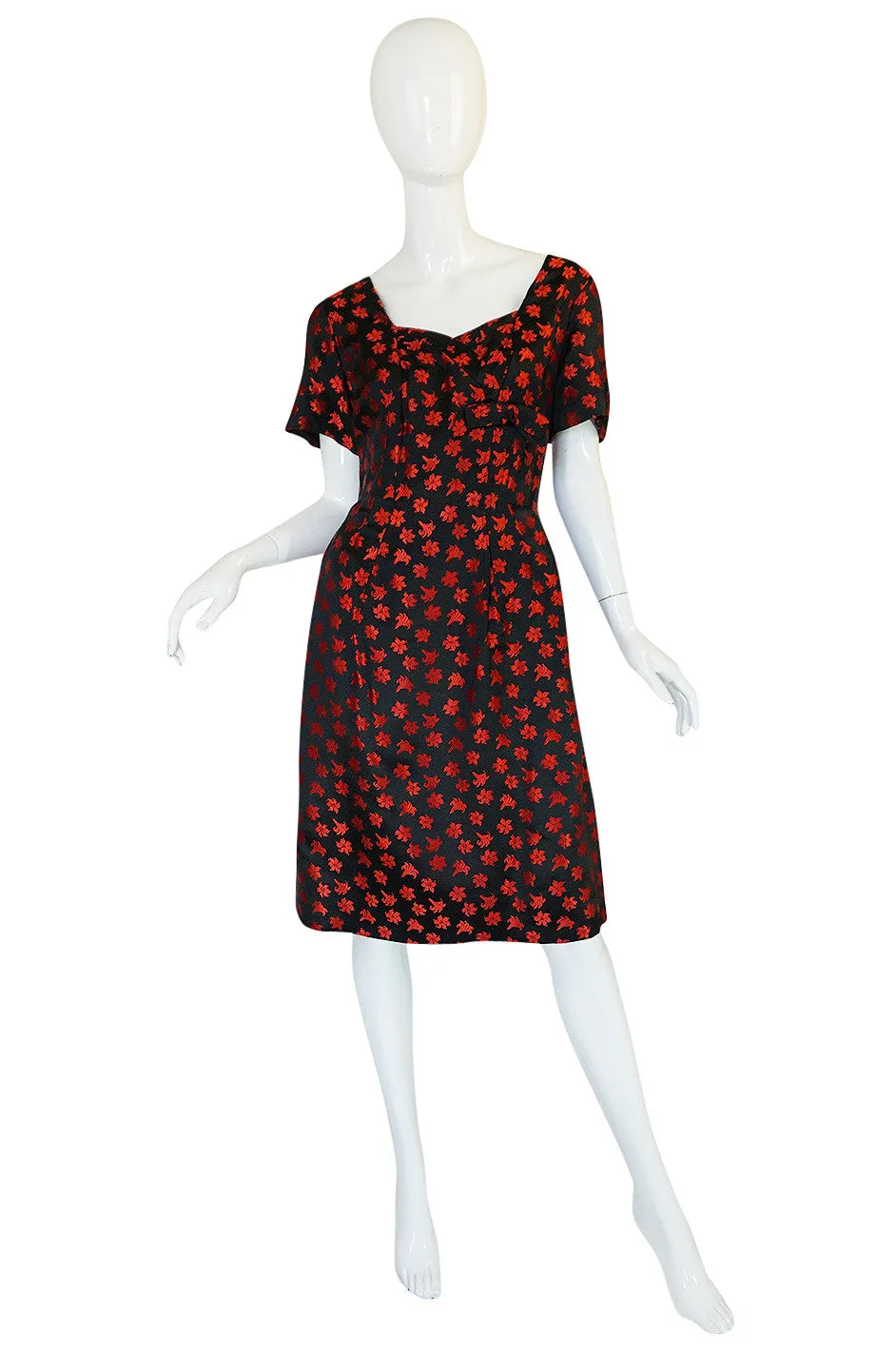 1950s Black Silk with Red Embroidered Floral Detail Dress