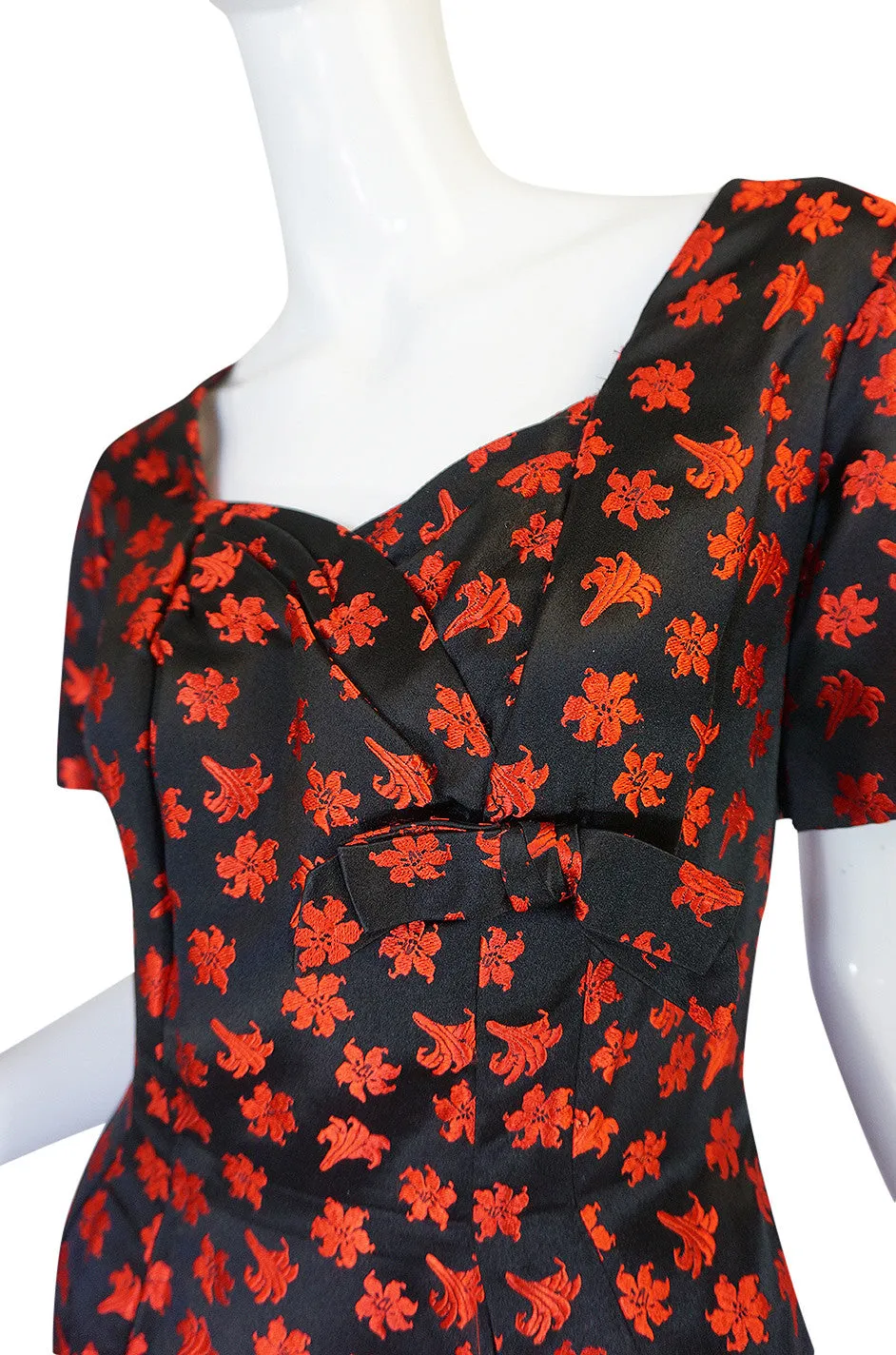 1950s Black Silk with Red Embroidered Floral Detail Dress