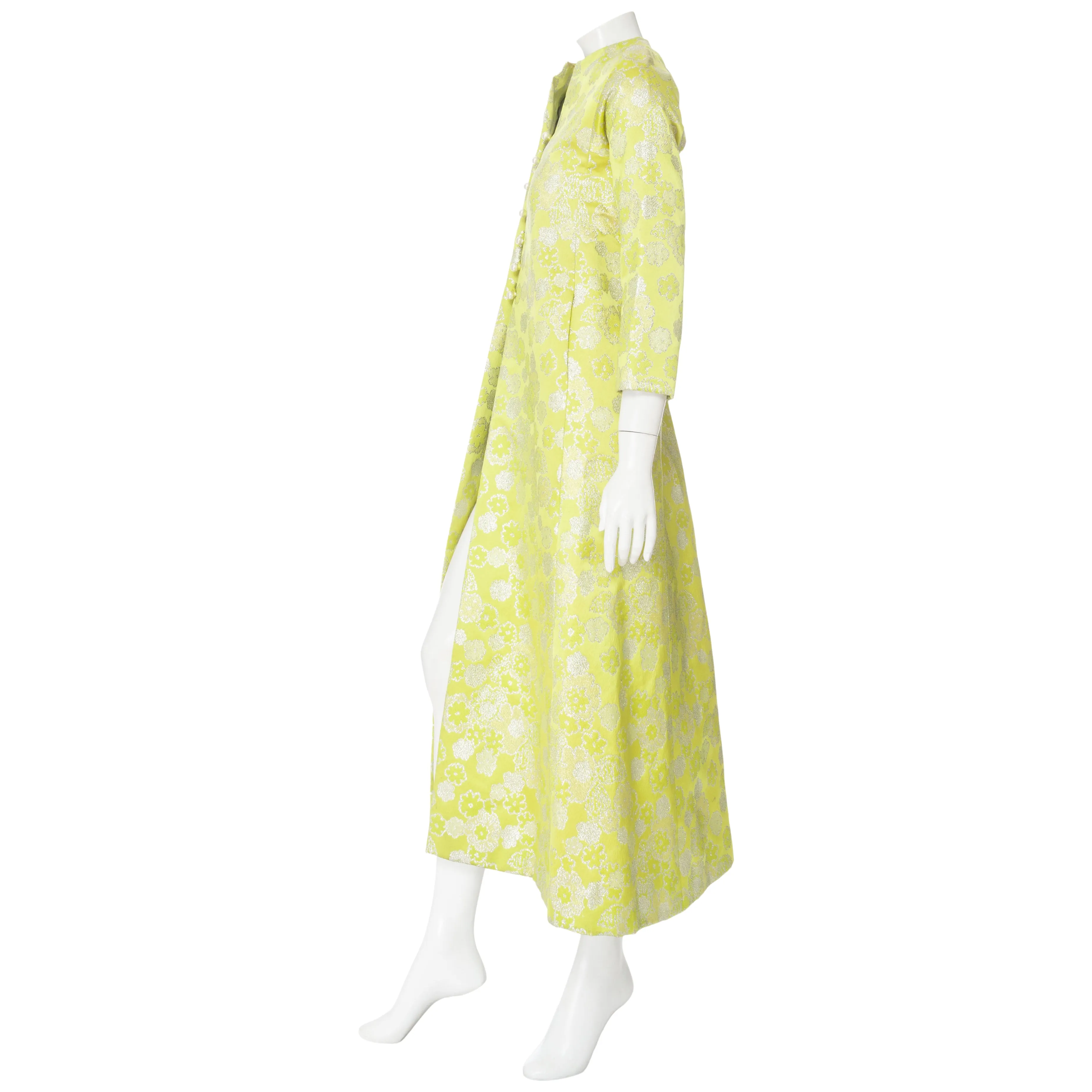 1960s Haute Couture Lime Floral Brocade Caftan