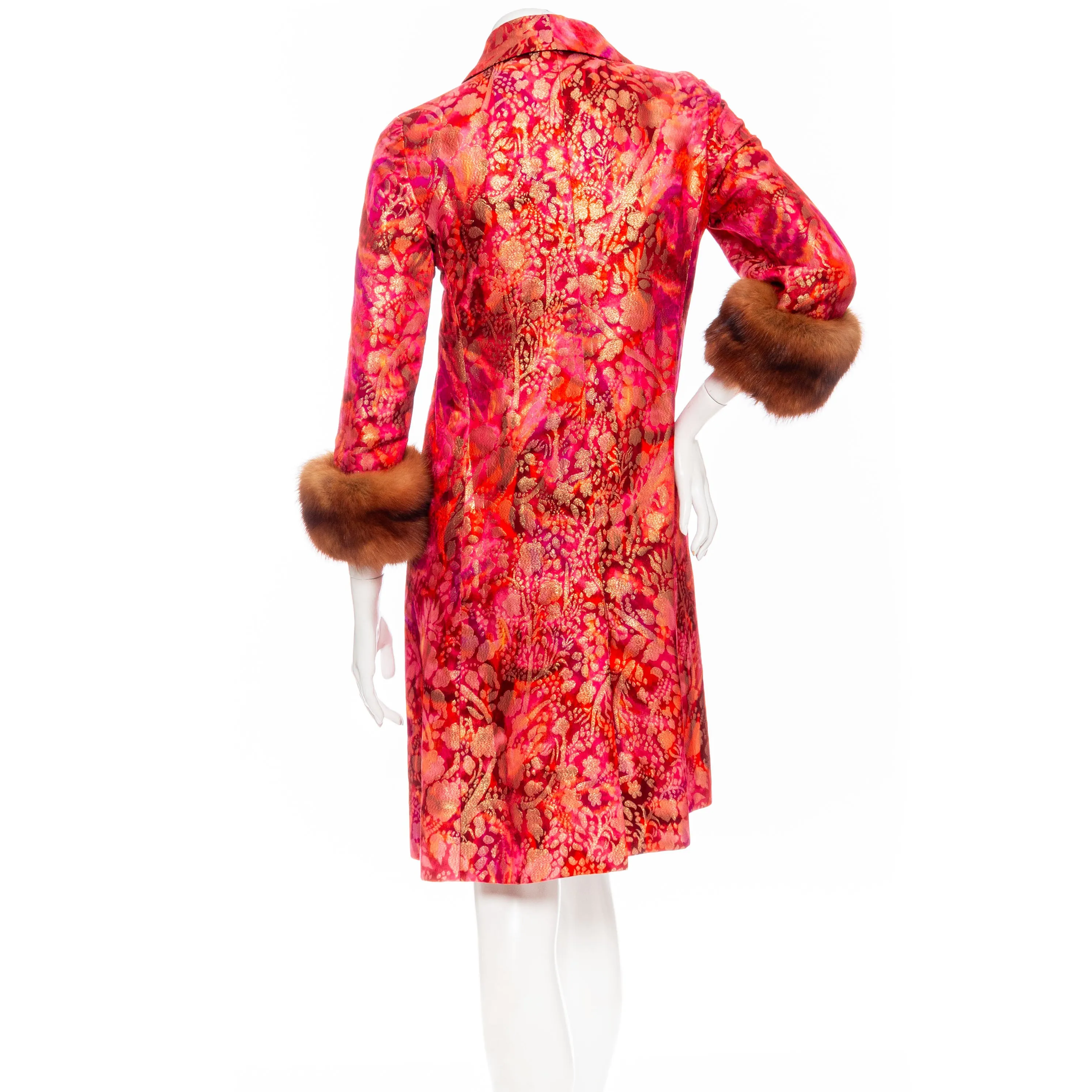 1963 Red and Gold Brocade Fur Trim Opera Coat