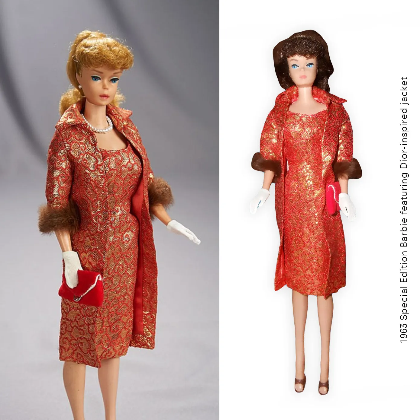 1963 Red and Gold Brocade Fur Trim Opera Coat