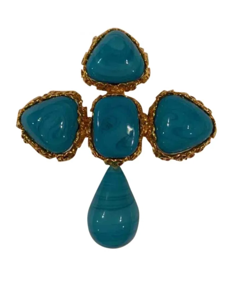 1989 Collection 28 Large Vintage Chanel CC Turquoise Stone Gold Plated Cross