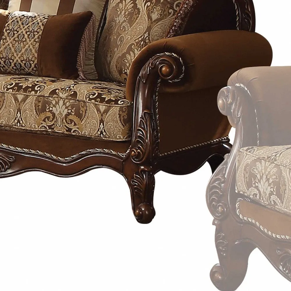 69 Brown Polyester Blend Damask Chesterfield Loveseat and Toss Pillows