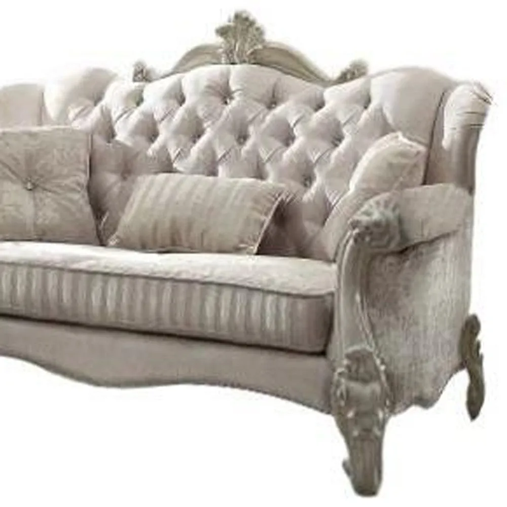 69 Ivory Polyester Blend Chesterfield Loveseat and Toss Pillows