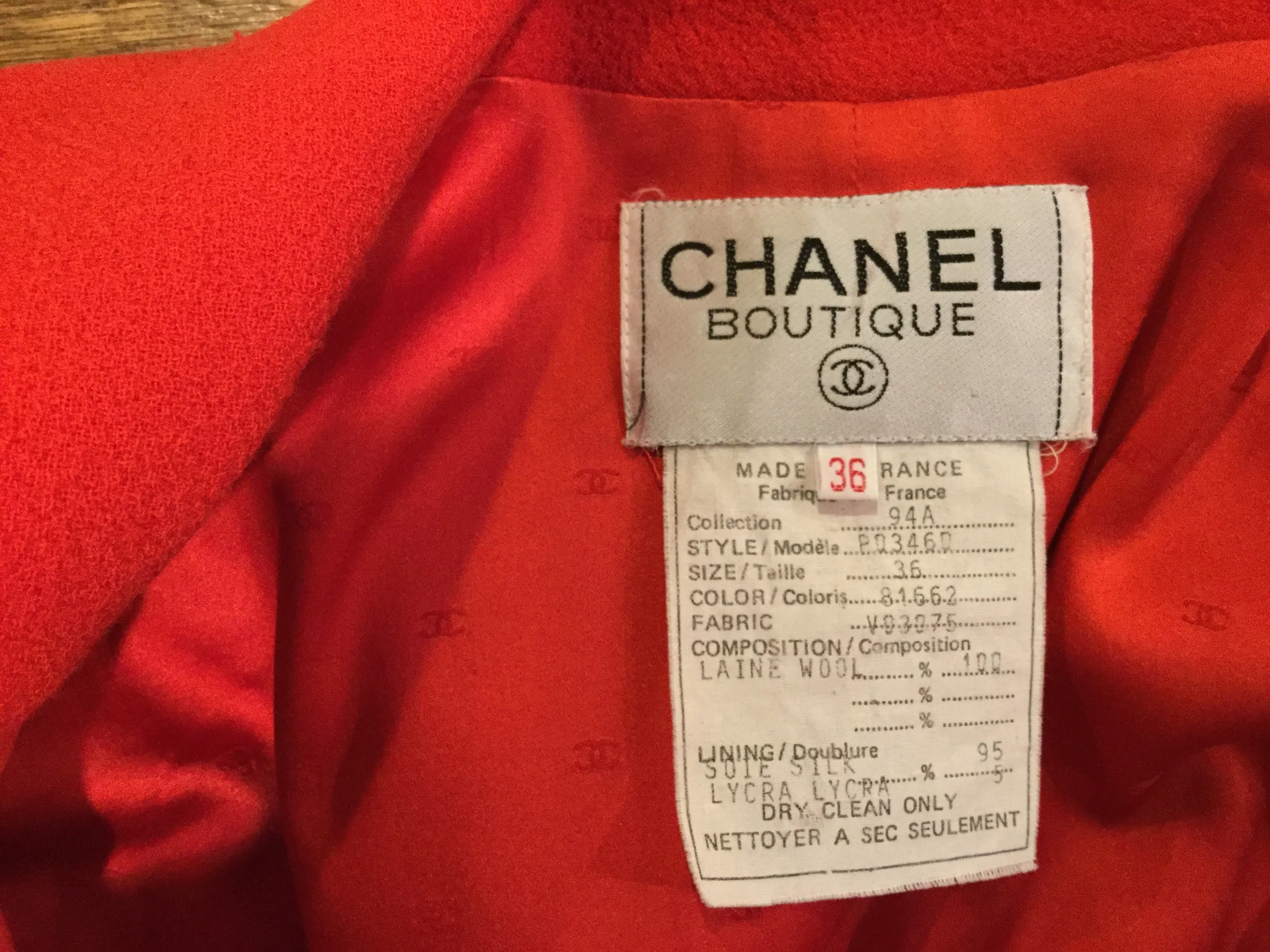 94A Fall Chanel Vintage Orange/Red Wool Dress Coat Blazer Jacket FR 36 US 4