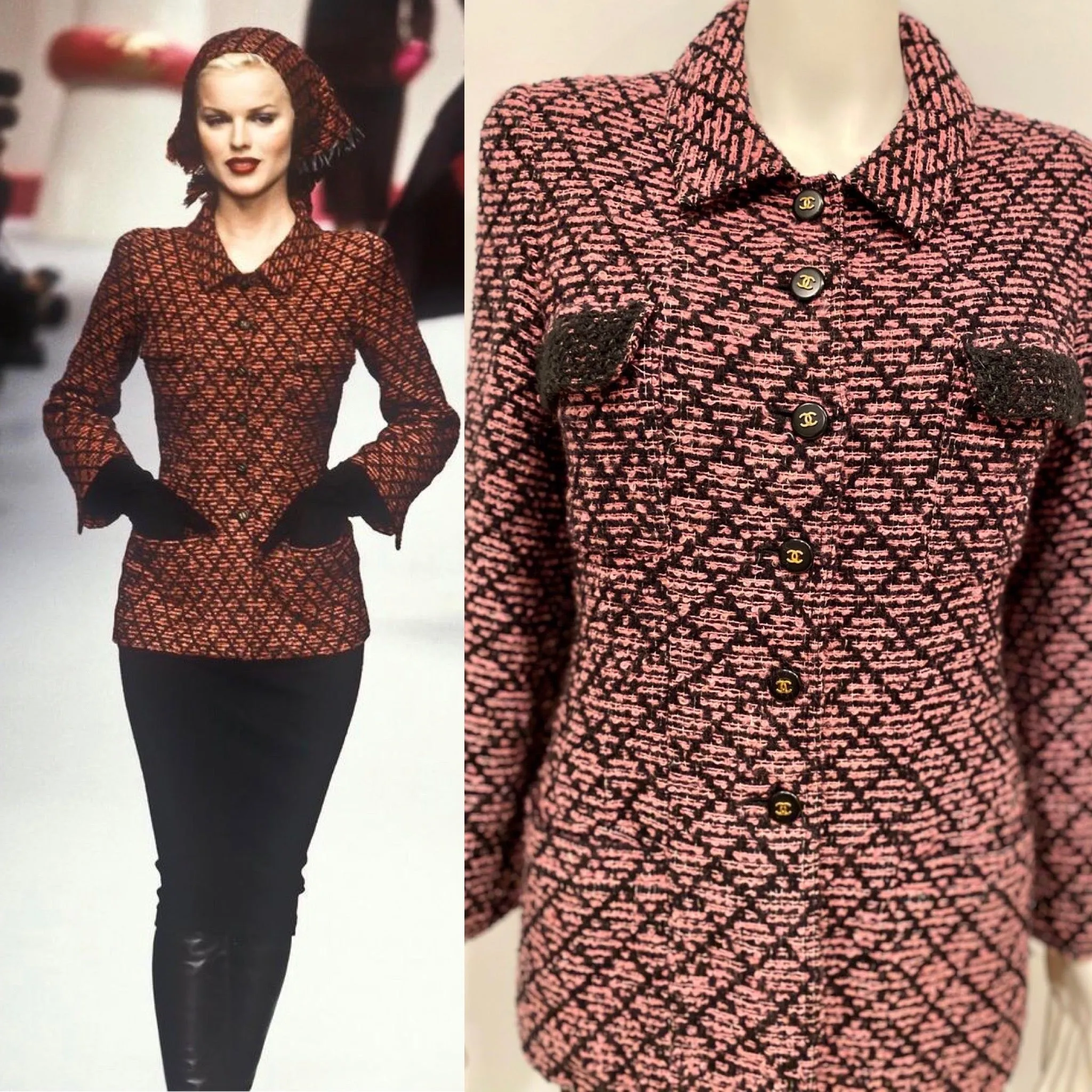 95P, 1995 Spring Vintage Chanel Pink Black Boucle Wool Tweed Dress Jacket Blazer US 6