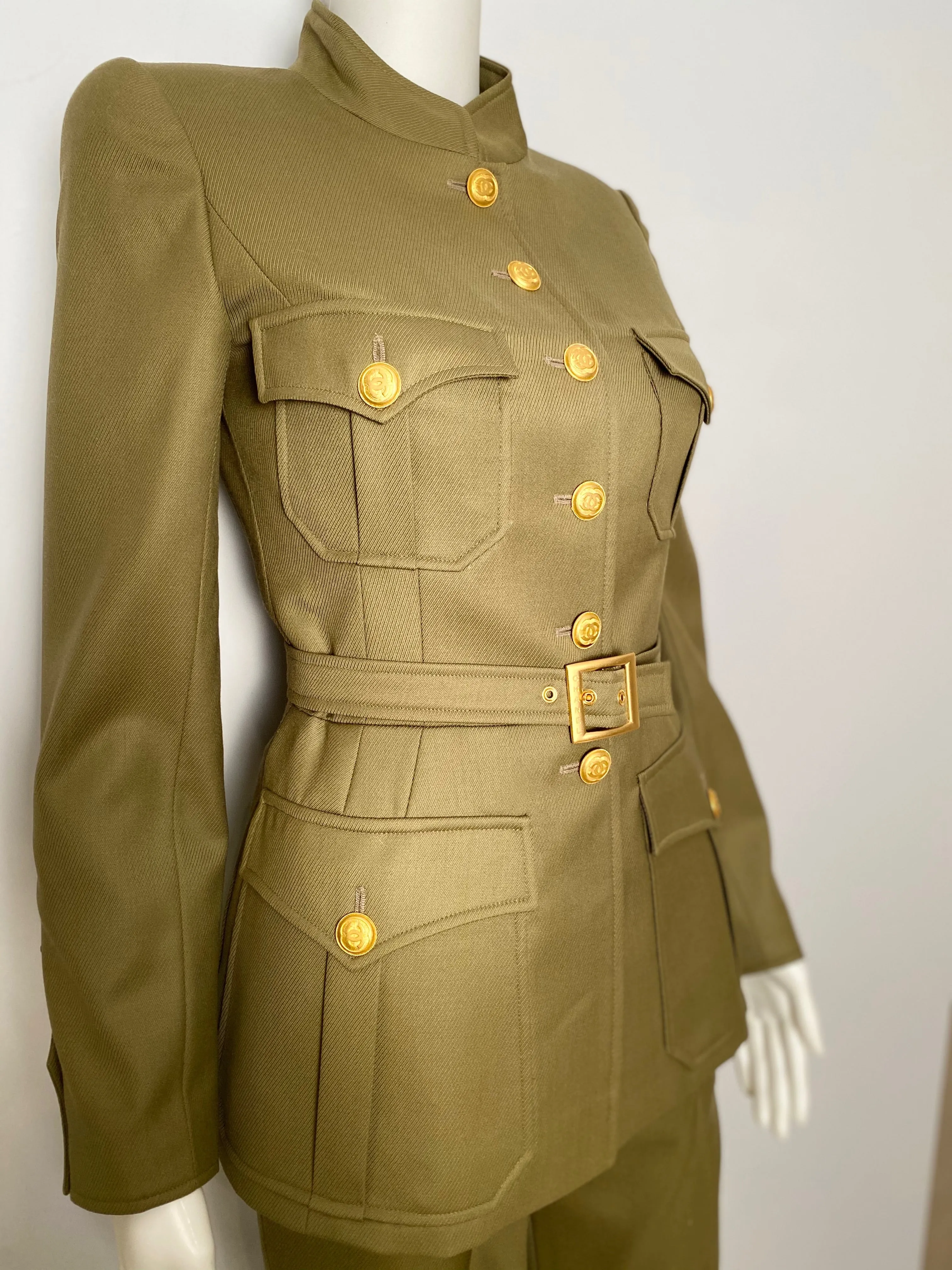 96A, 1996 Fall Vintage Chanel Rare Military Olive Green Belted Jacket Pant Suit Set FR 36