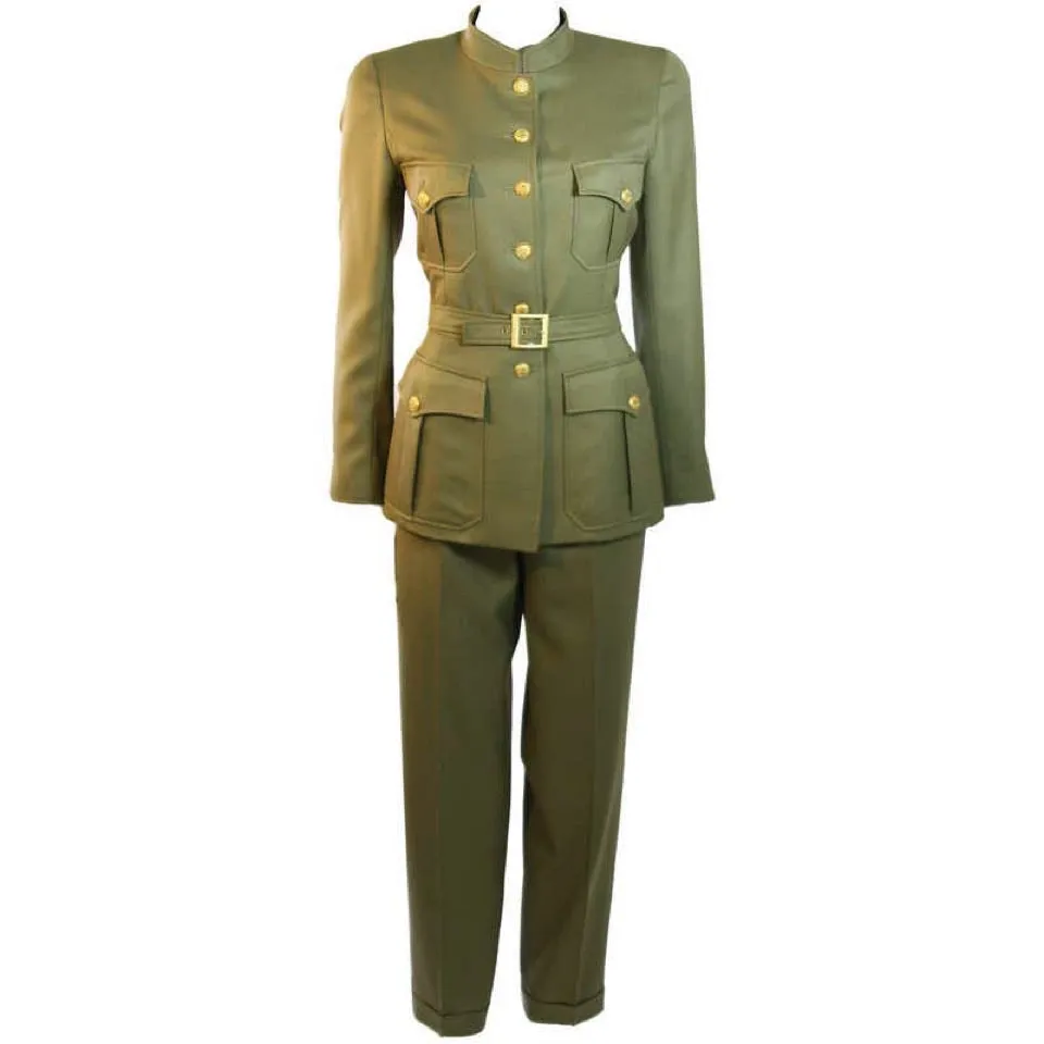 96A, 1996 Fall Vintage Chanel Rare Military Olive Green Belted Jacket Pant Suit Set FR 36