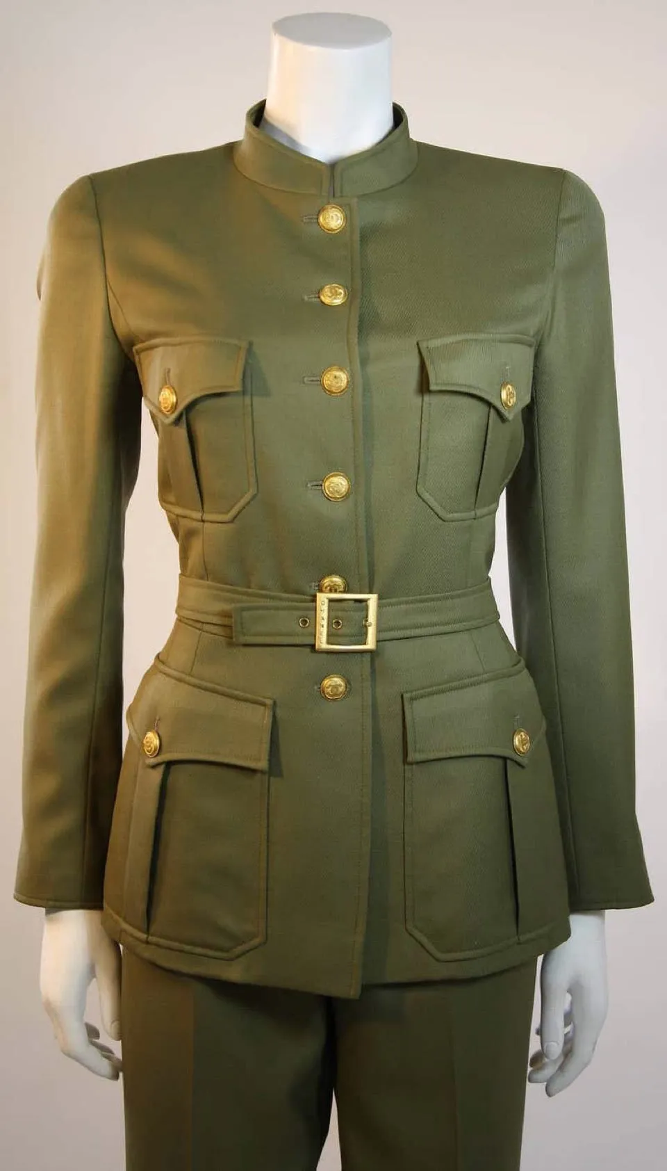 96A, 1996 Fall Vintage Chanel Rare Military Olive Green Belted Jacket Pant Suit Set FR 36