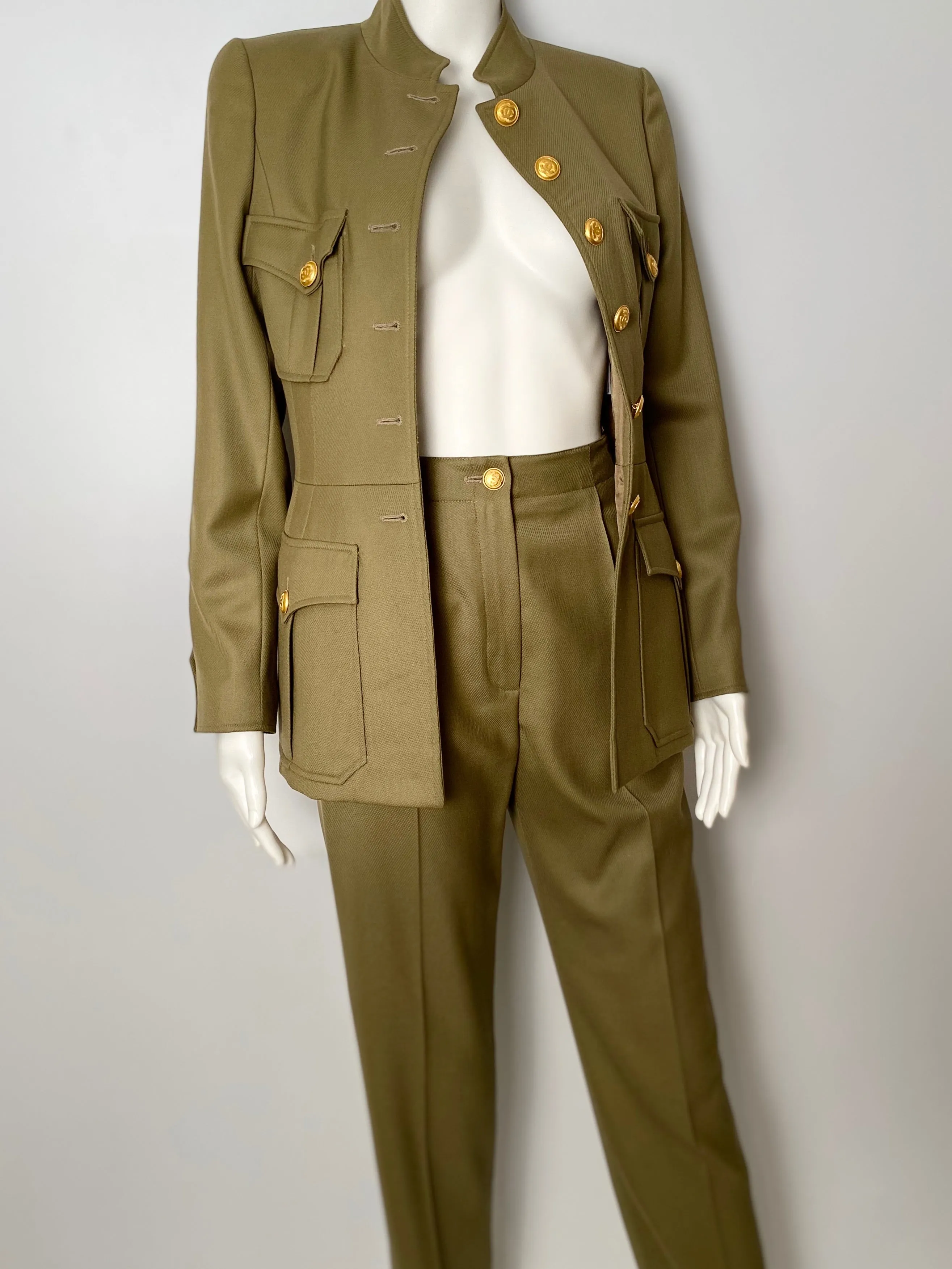 96A, 1996 Fall Vintage Chanel Rare Military Olive Green Belted Jacket Pant Suit Set FR 36