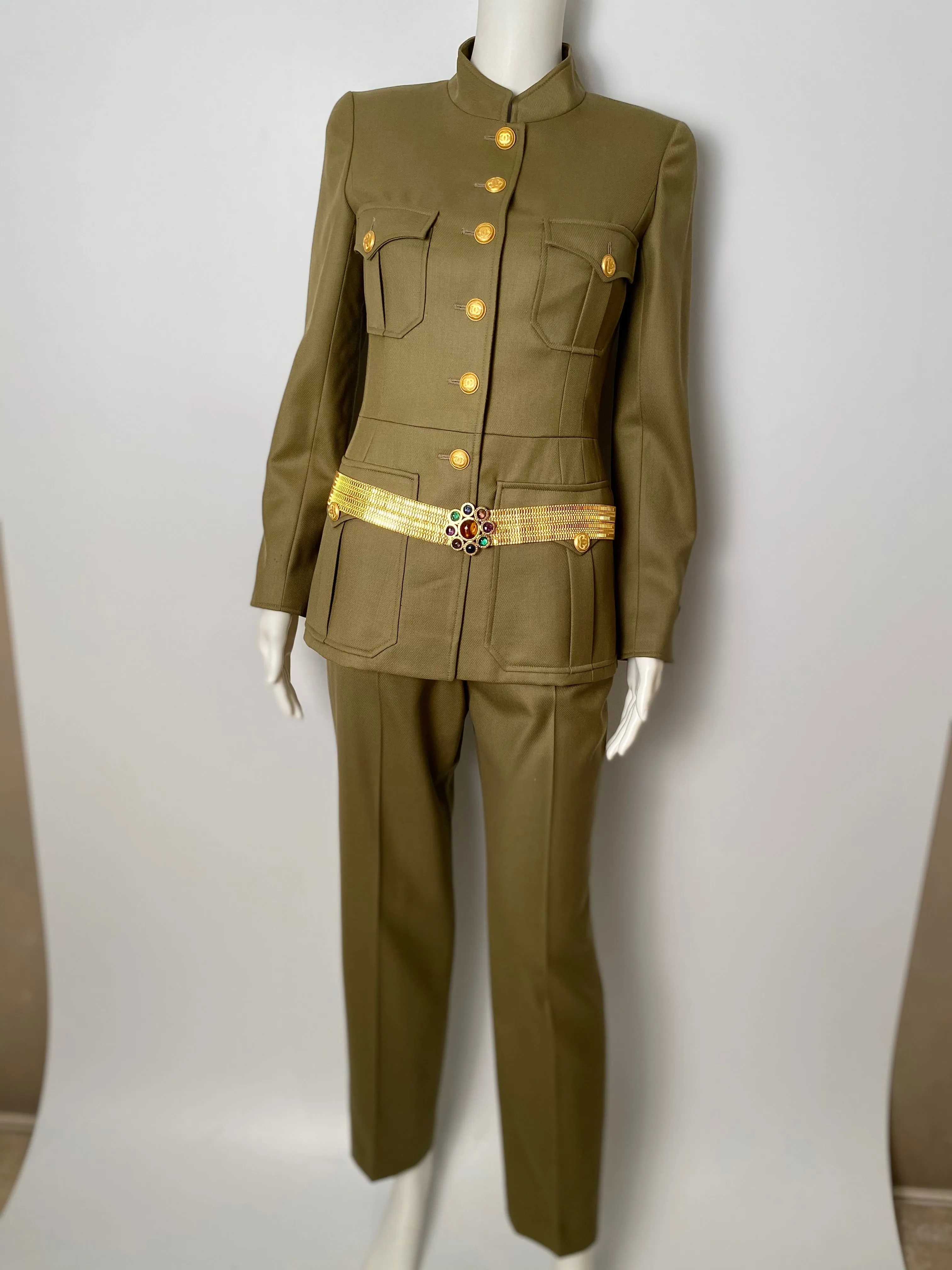 96A, 1996 Fall Vintage Chanel Rare Military Olive Green Belted Jacket Pant Suit Set FR 36