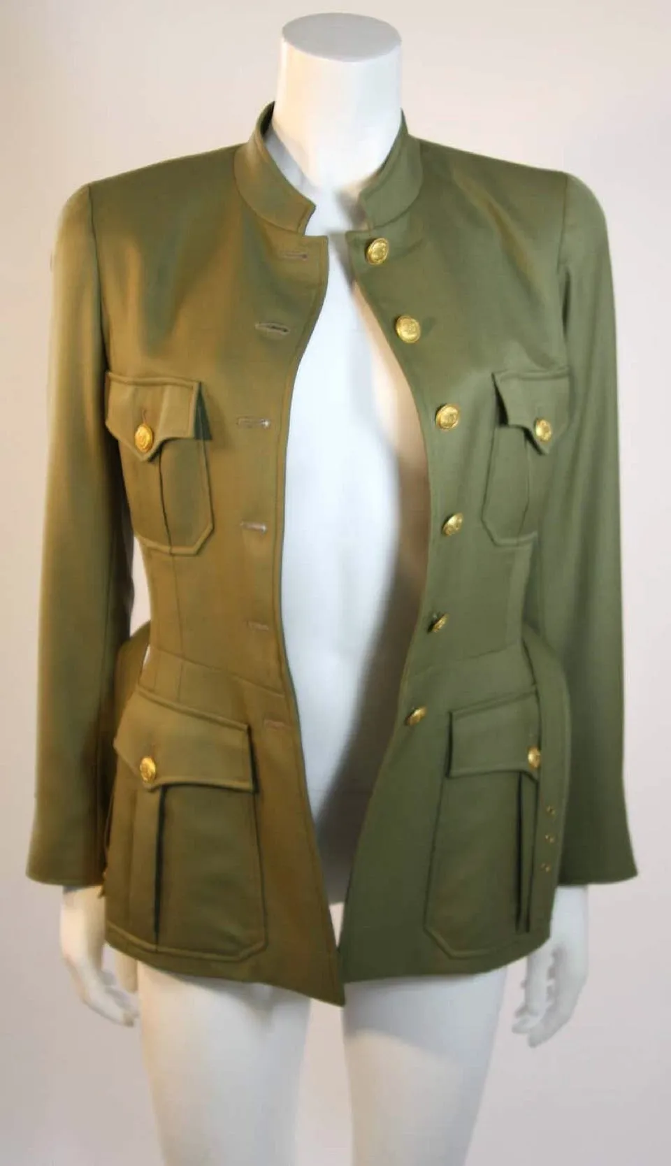 96A, 1996 Fall Vintage Chanel Rare Military Olive Green Belted Jacket Pant Suit Set FR 36