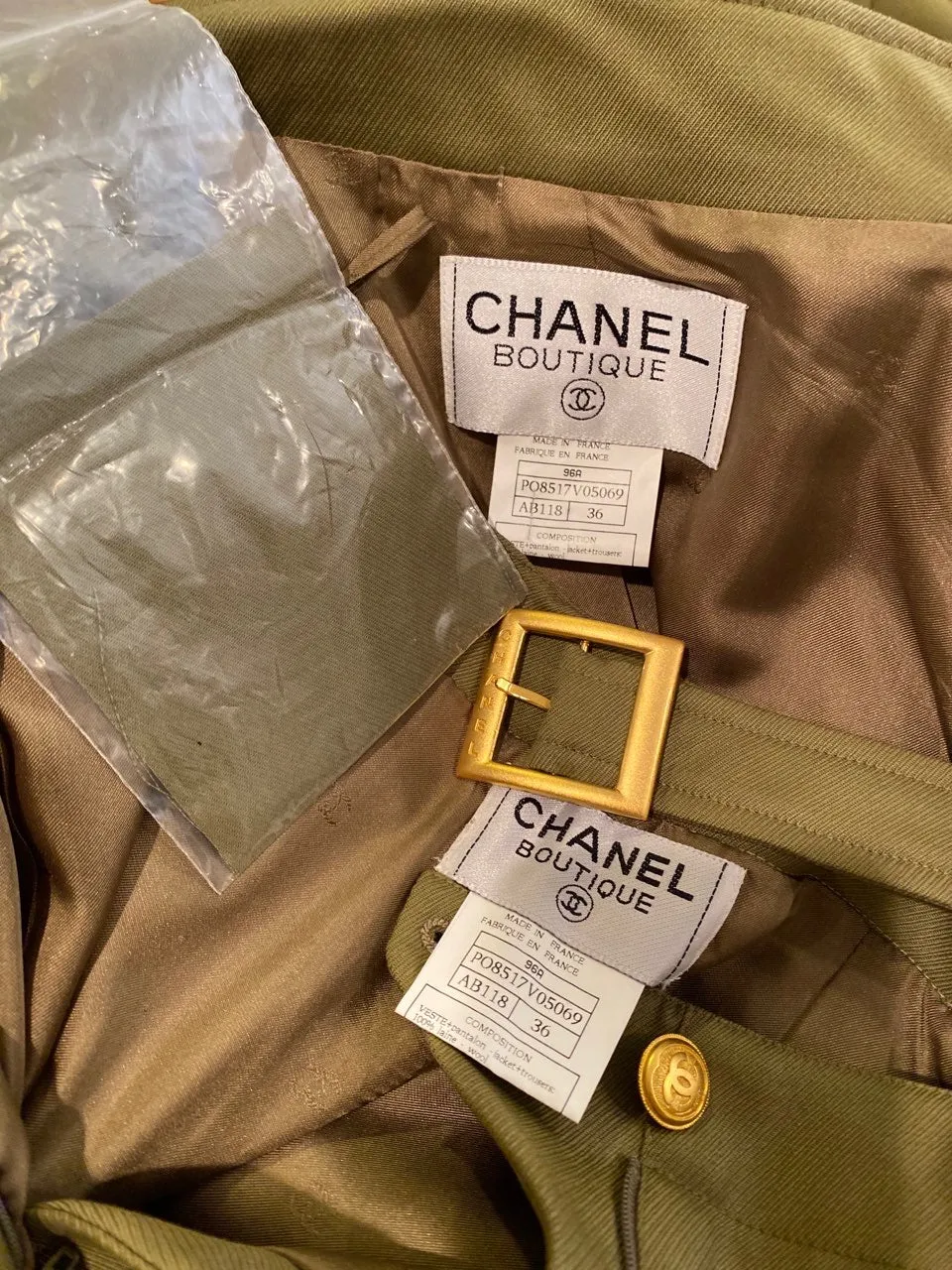 96A, 1996 Fall Vintage Chanel Rare Military Olive Green Belted Jacket Pant Suit Set FR 36