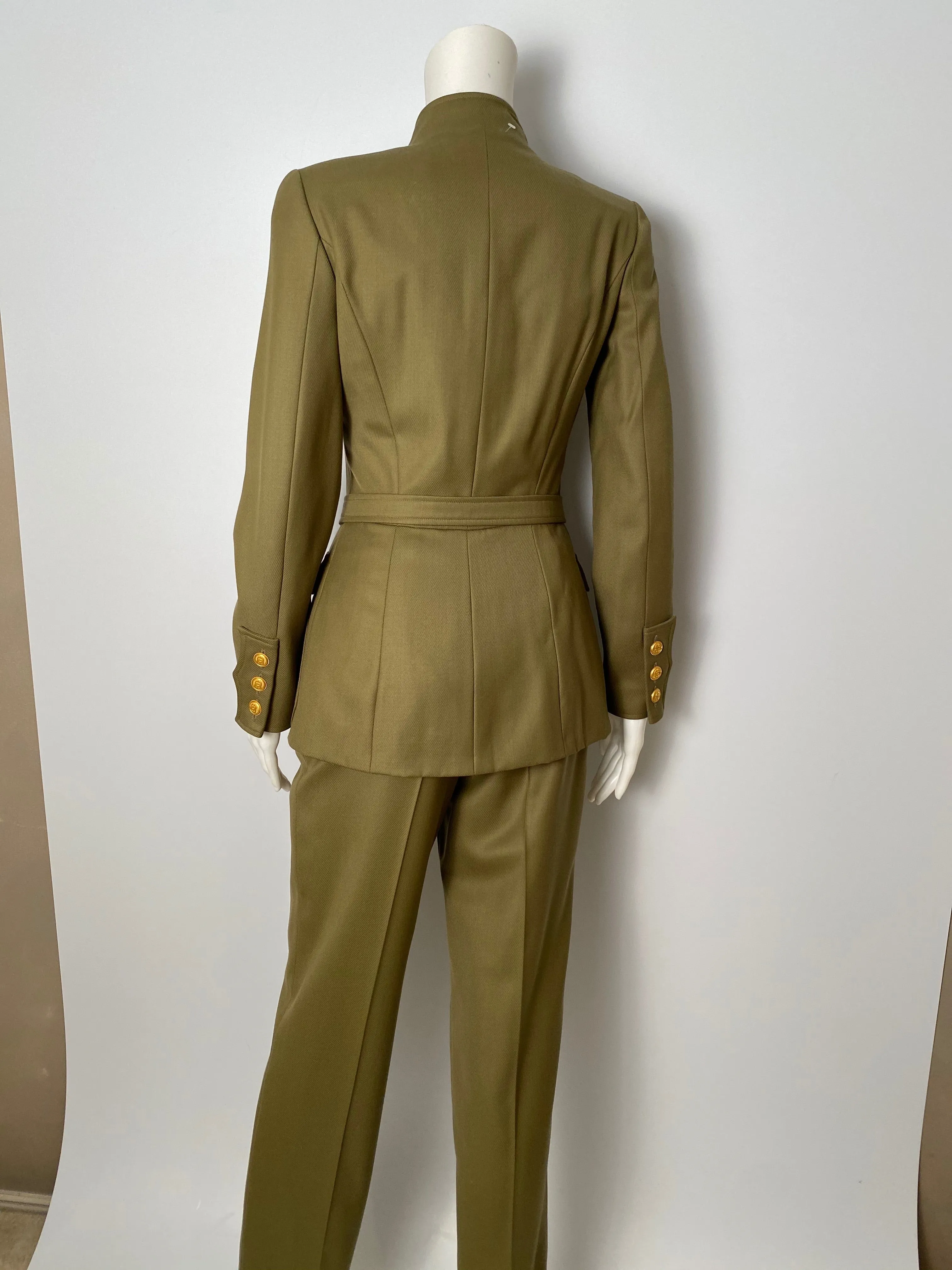 96A, 1996 Fall Vintage Chanel Rare Military Olive Green Belted Jacket Pant Suit Set FR 36