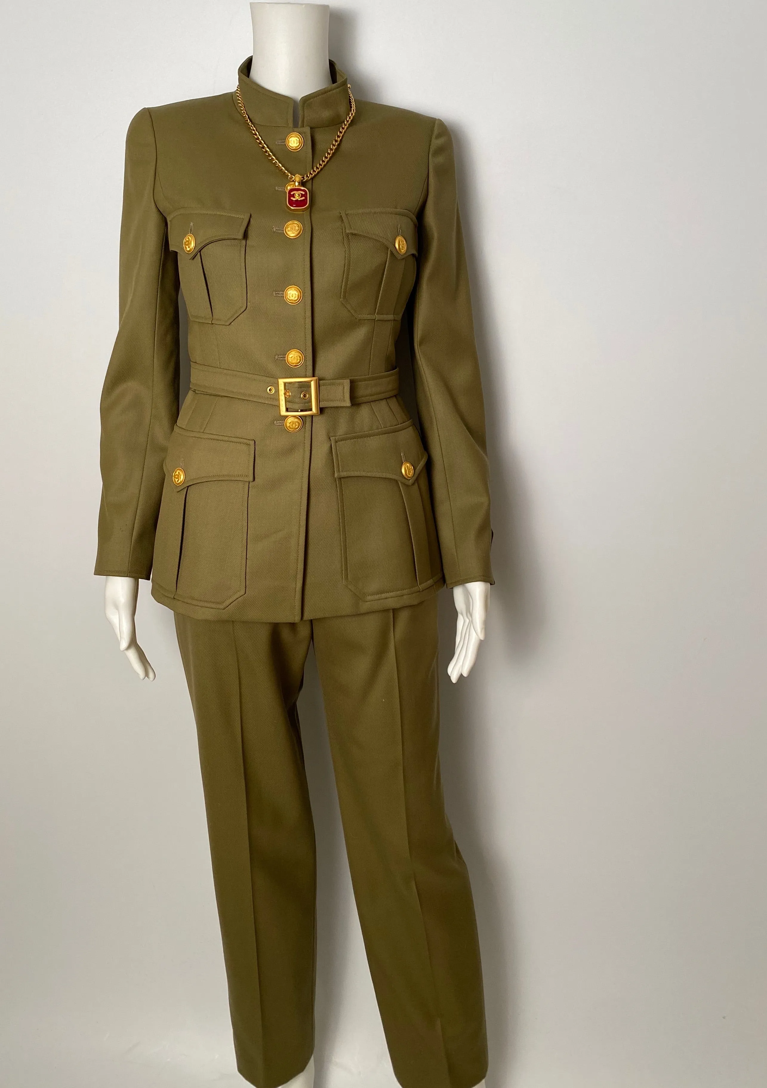 96A, 1996 Fall Vintage Chanel Rare Military Olive Green Belted Jacket Pant Suit Set FR 36