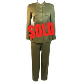 96A, 1996 Fall Vintage Chanel Rare Military Olive Green Belted Jacket Pant Suit Set FR 36