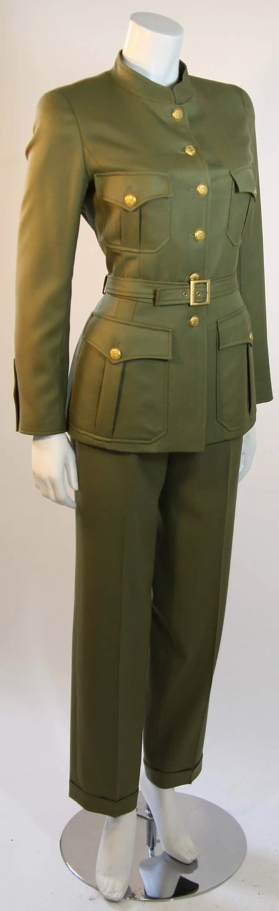 96A, 1996 Fall Vintage Chanel Rare Military Olive Green Belted Jacket Pant Suit Set FR 36