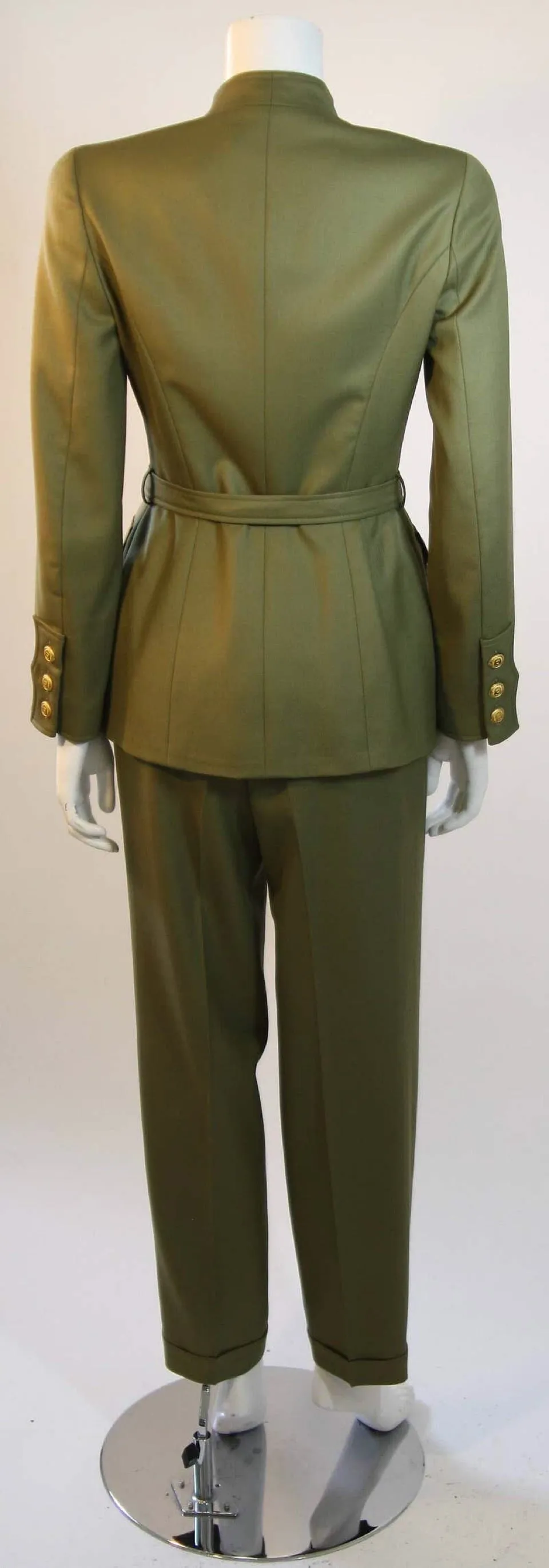 96A, 1996 Fall Vintage Chanel Rare Military Olive Green Belted Jacket Pant Suit Set FR 36