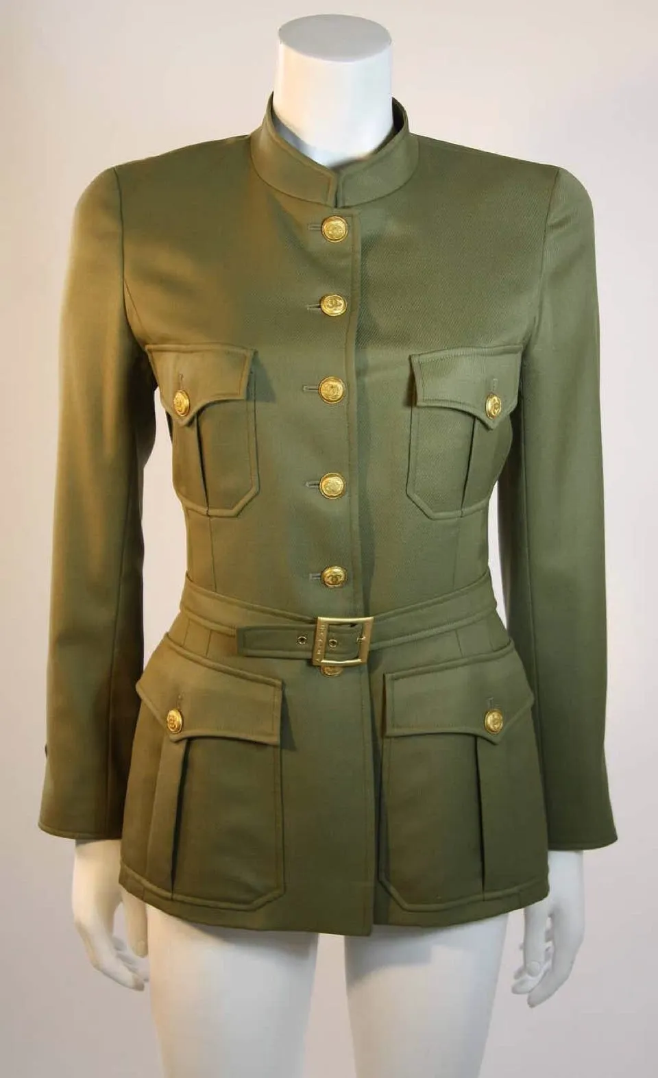 96A, 1996 Fall Vintage Chanel Rare Military Olive Green Belted Jacket Pant Suit Set FR 36