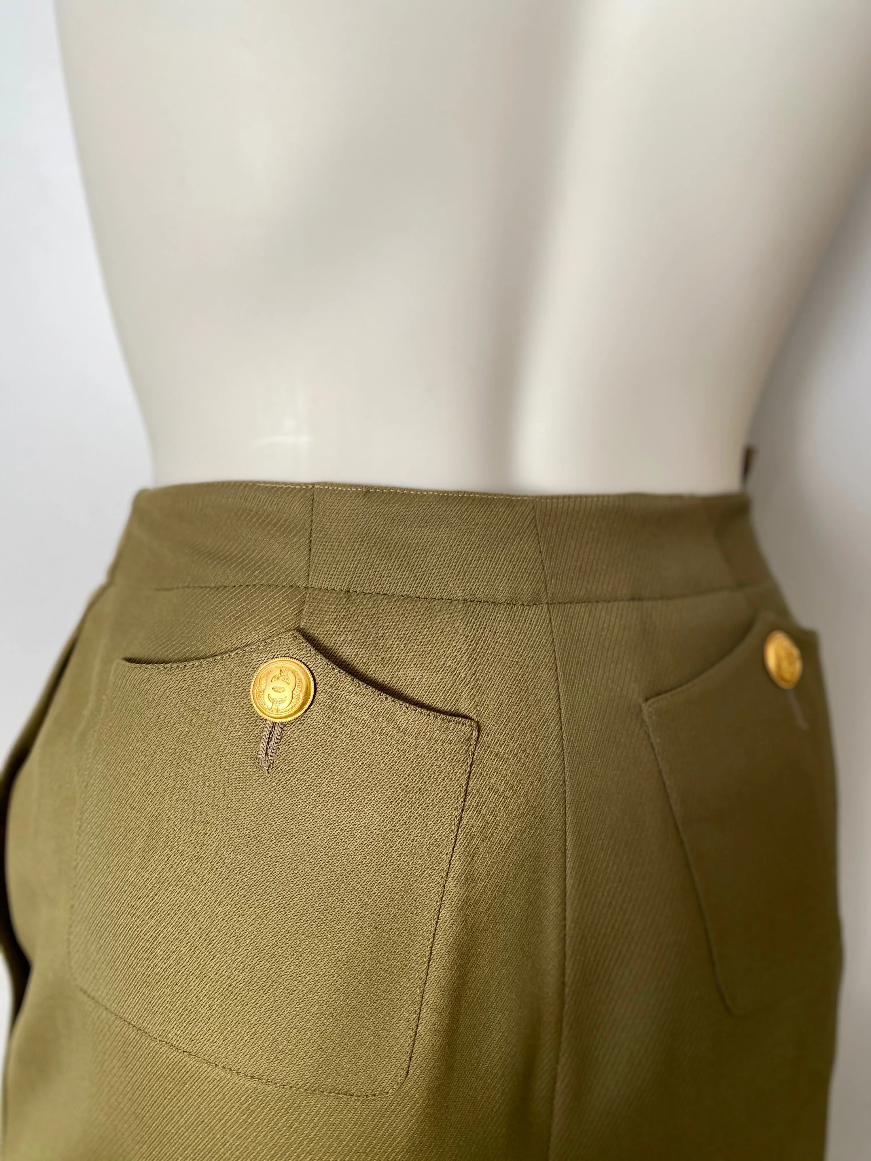 96A, 1996 Fall Vintage Chanel Rare Military Olive Green Belted Jacket Pant Suit Set FR 36