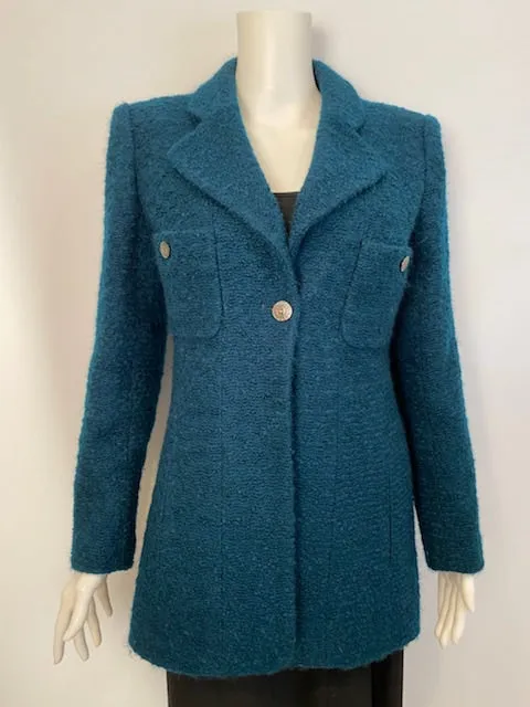 97A, 1997 Fall Chanel Vintage emerald green Boucle wool blazer long jacket FR 40 US 6/8