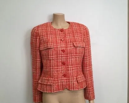 97P, 1997 Spring Chanel Vintage Orange Plaid Tweed Blazer Dress Jacket US 10