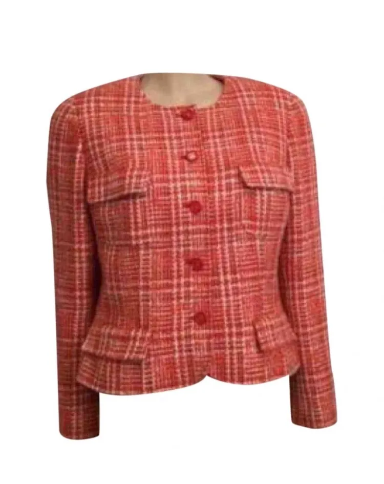 97P, 1997 Spring Chanel Vintage Orange Plaid Tweed Blazer Dress Jacket US 10