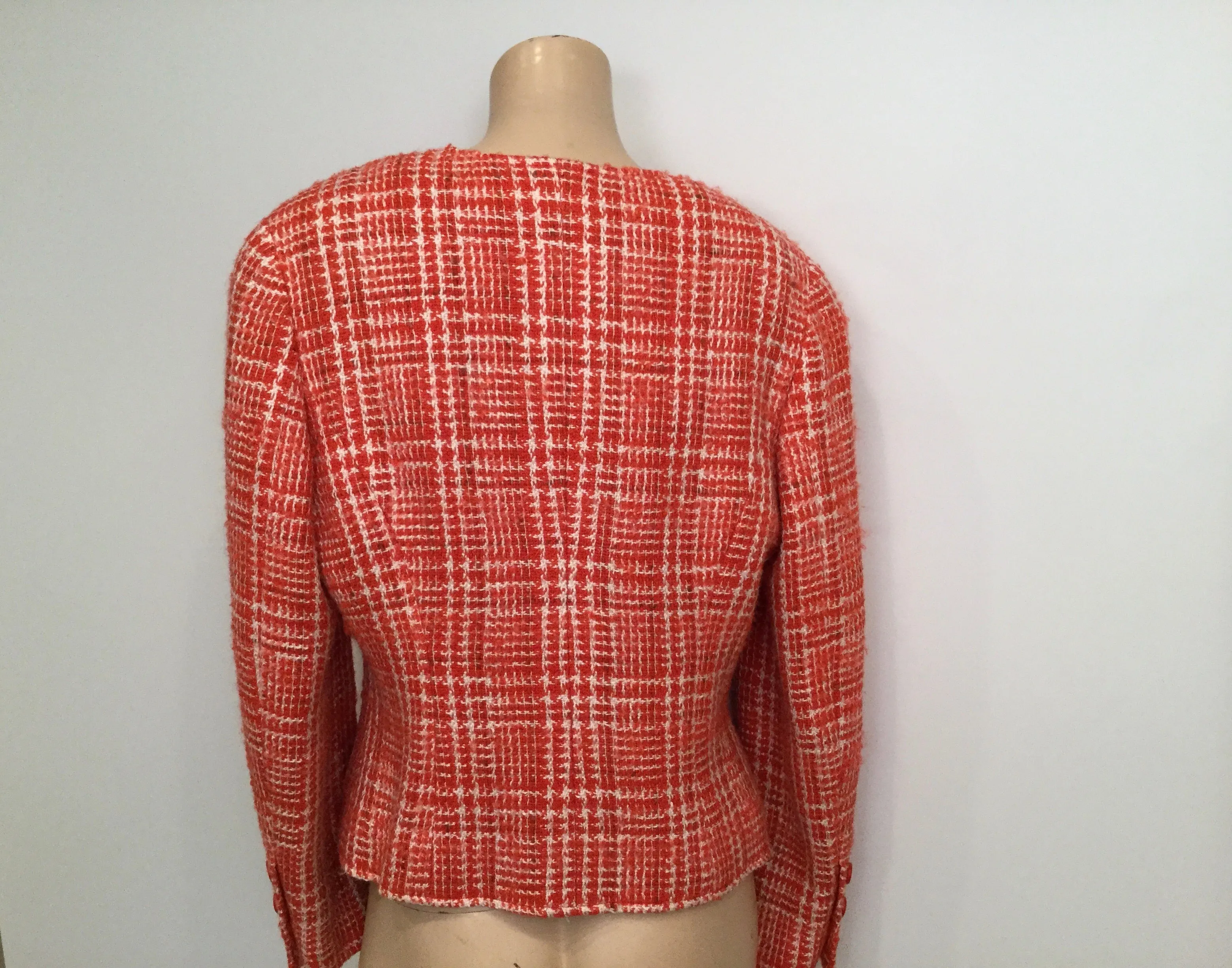 97P, 1997 Spring Chanel Vintage Orange Plaid Tweed Blazer Dress Jacket US 10