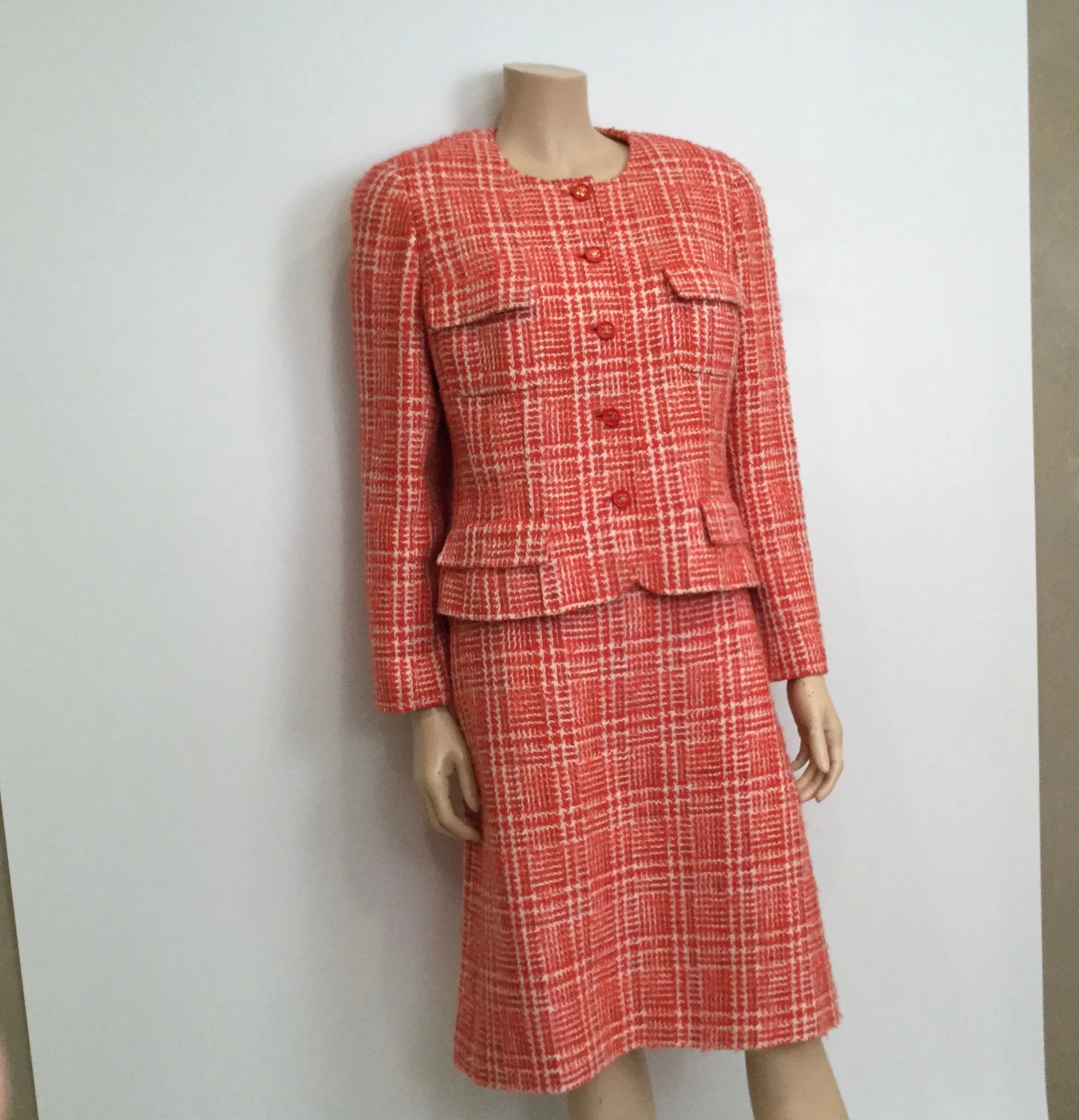 97P, 1997 Spring Chanel Vintage Orange Plaid Tweed Blazer Dress Jacket US 10