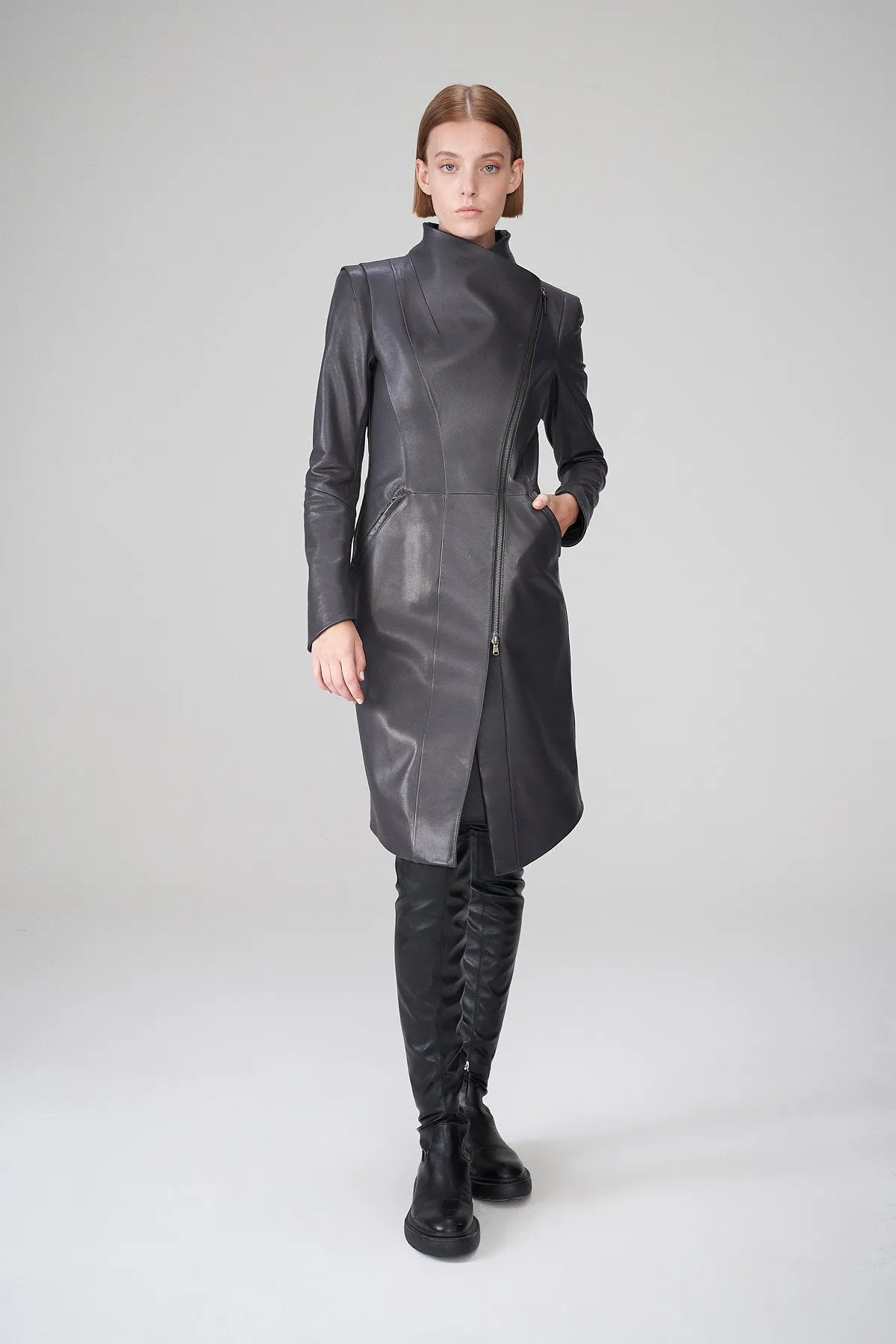 Alyson - Anthracite Leather Coat