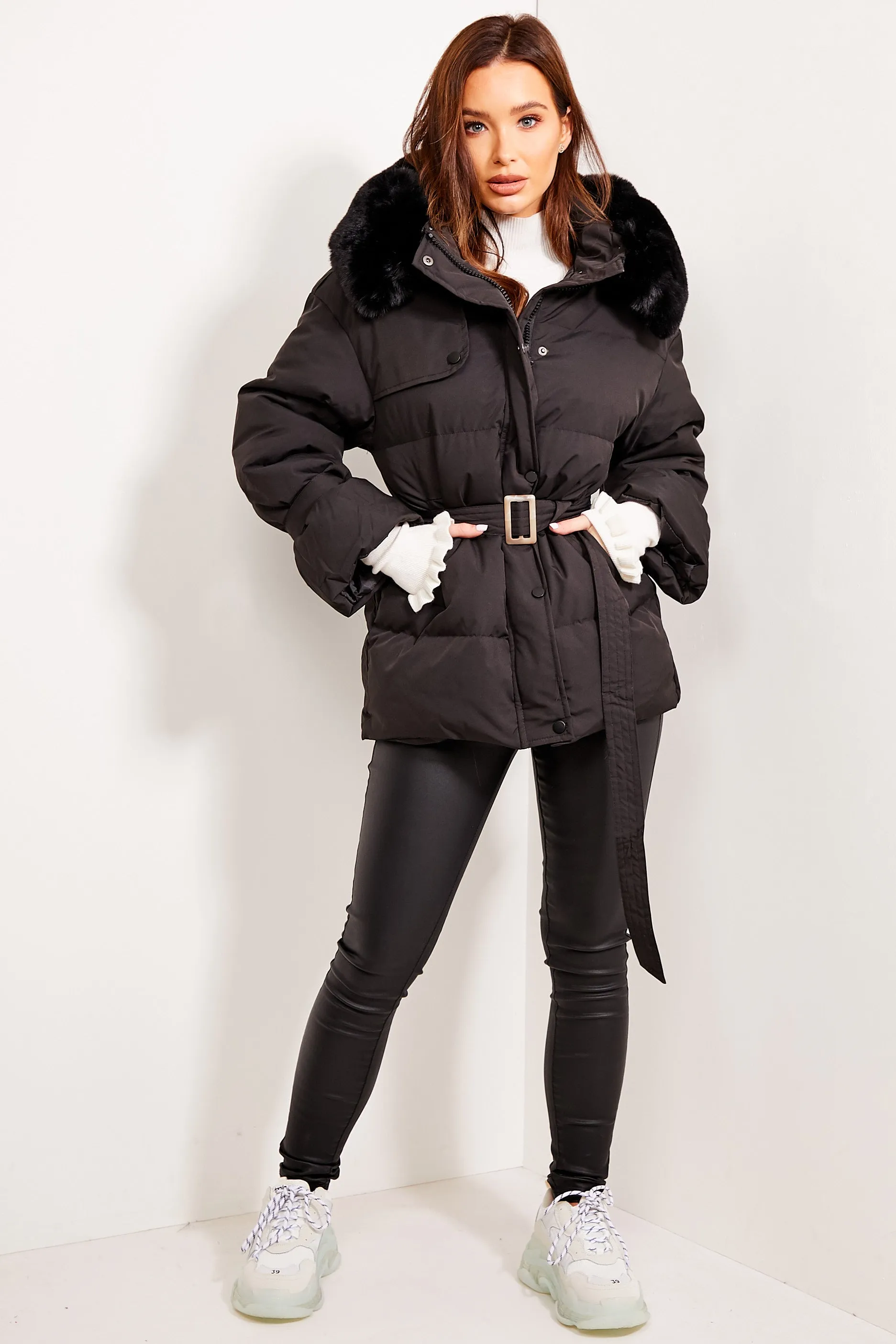 Angelina Black Padded Faux Fur Belted Coat