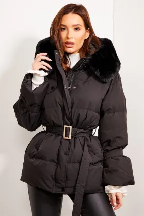 Angelina Black Padded Faux Fur Belted Coat