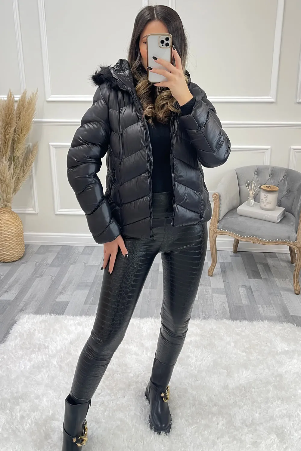 Avia Black Wet Look Chevron Padded Faux Fur Hooded Coat