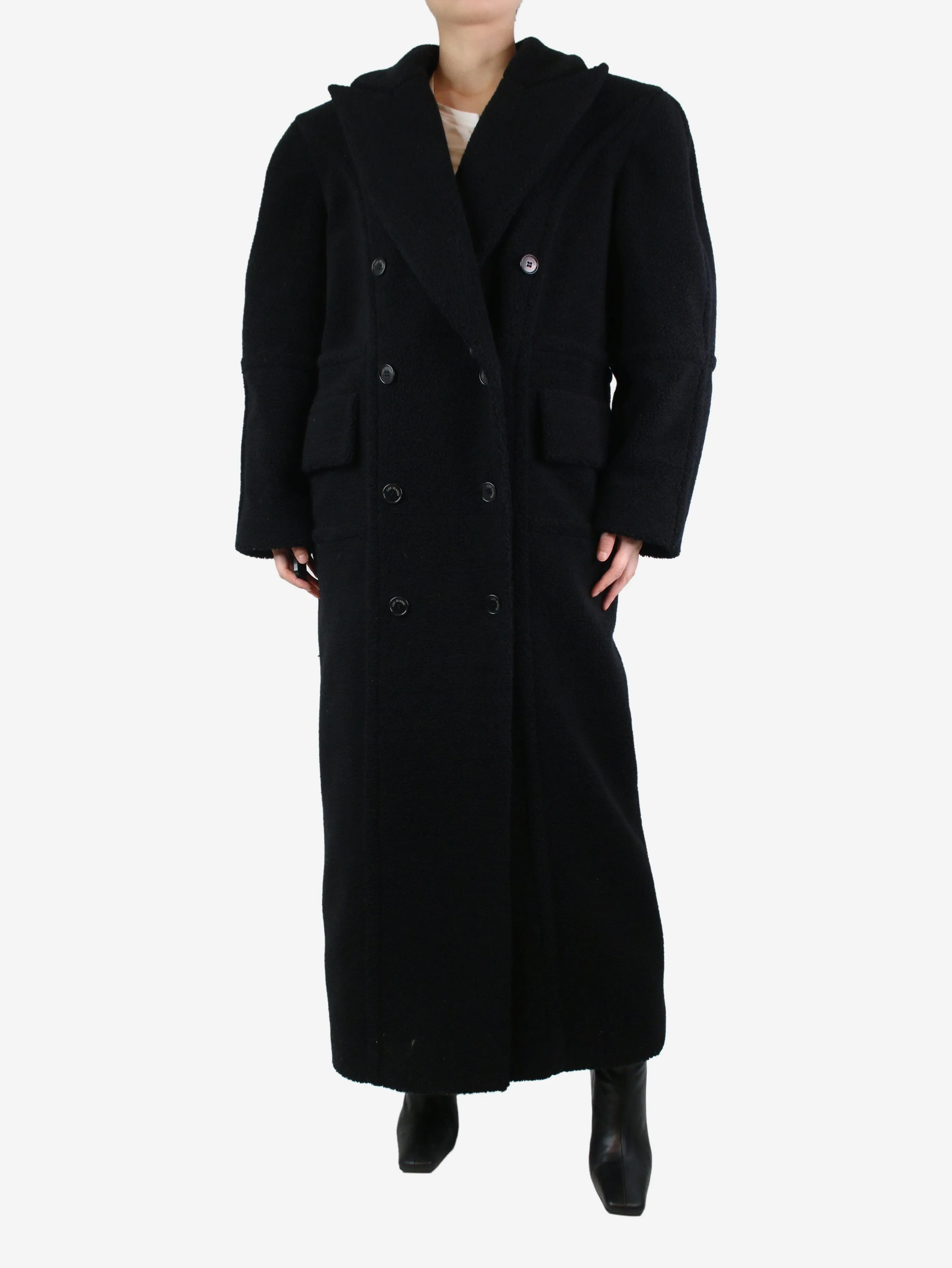 Black double-breasted boucle maxi coat - size S