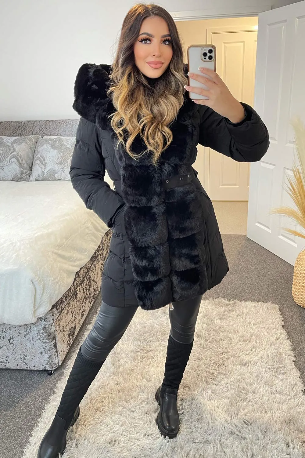 Black Padded Faux Fur Trim Longline Coat