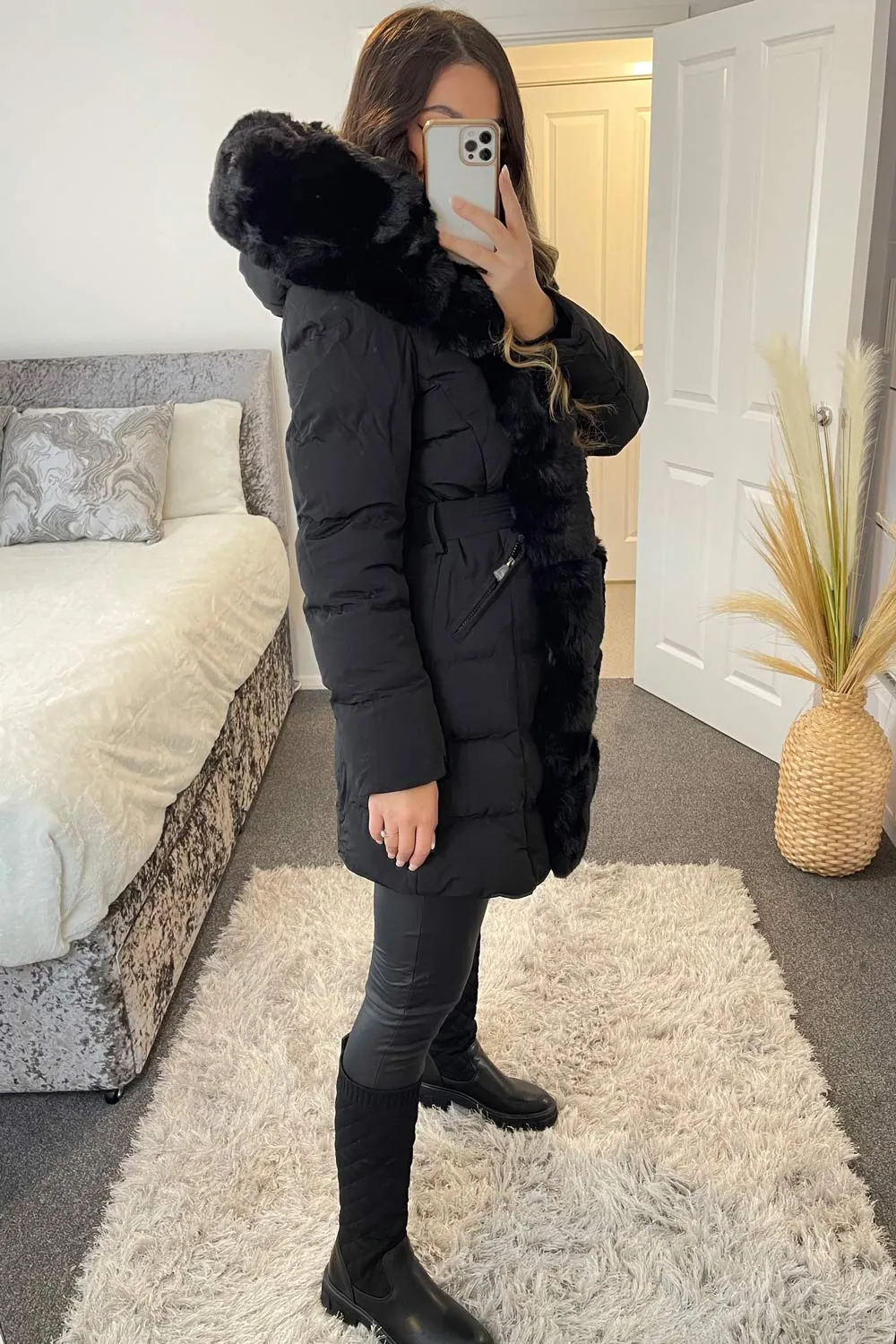 Black Padded Faux Fur Trim Longline Coat