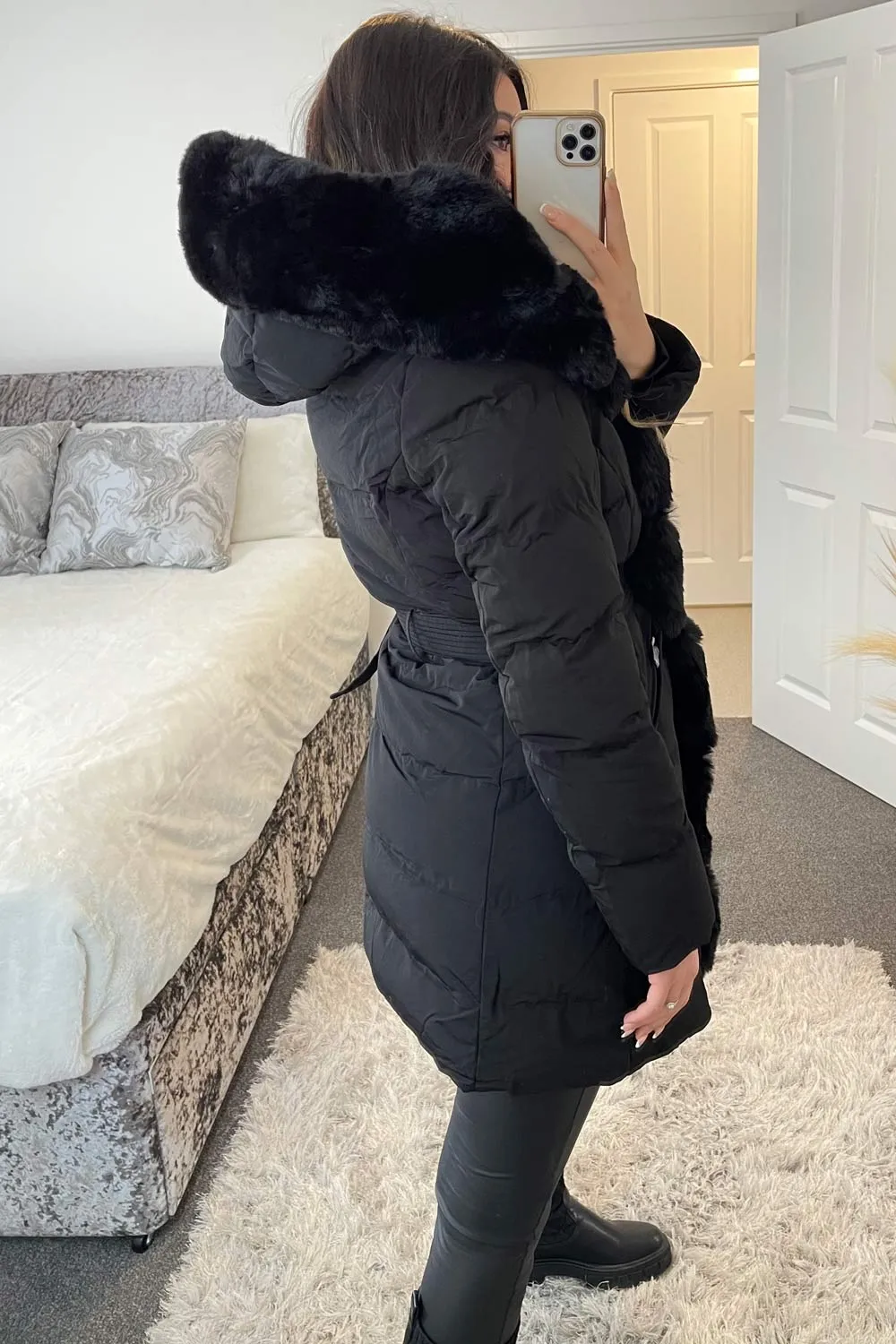 Black Padded Faux Fur Trim Longline Coat