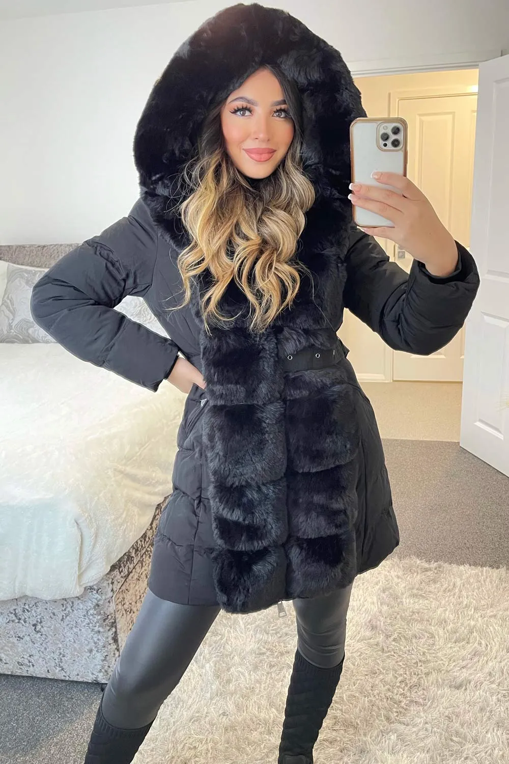 Black Padded Faux Fur Trim Longline Coat