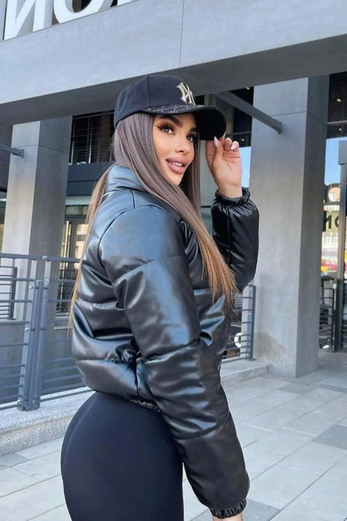 Black Puffer Windbreaker Faux Leather Crop Jacket