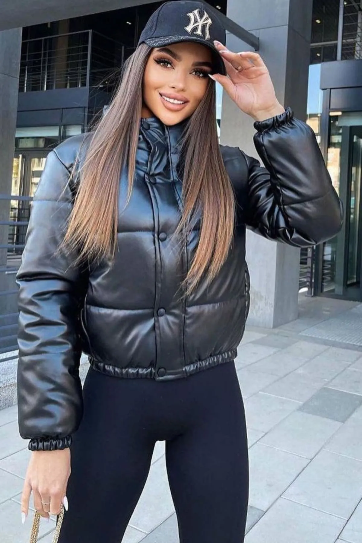 Black Puffer Windbreaker Faux Leather Crop Jacket