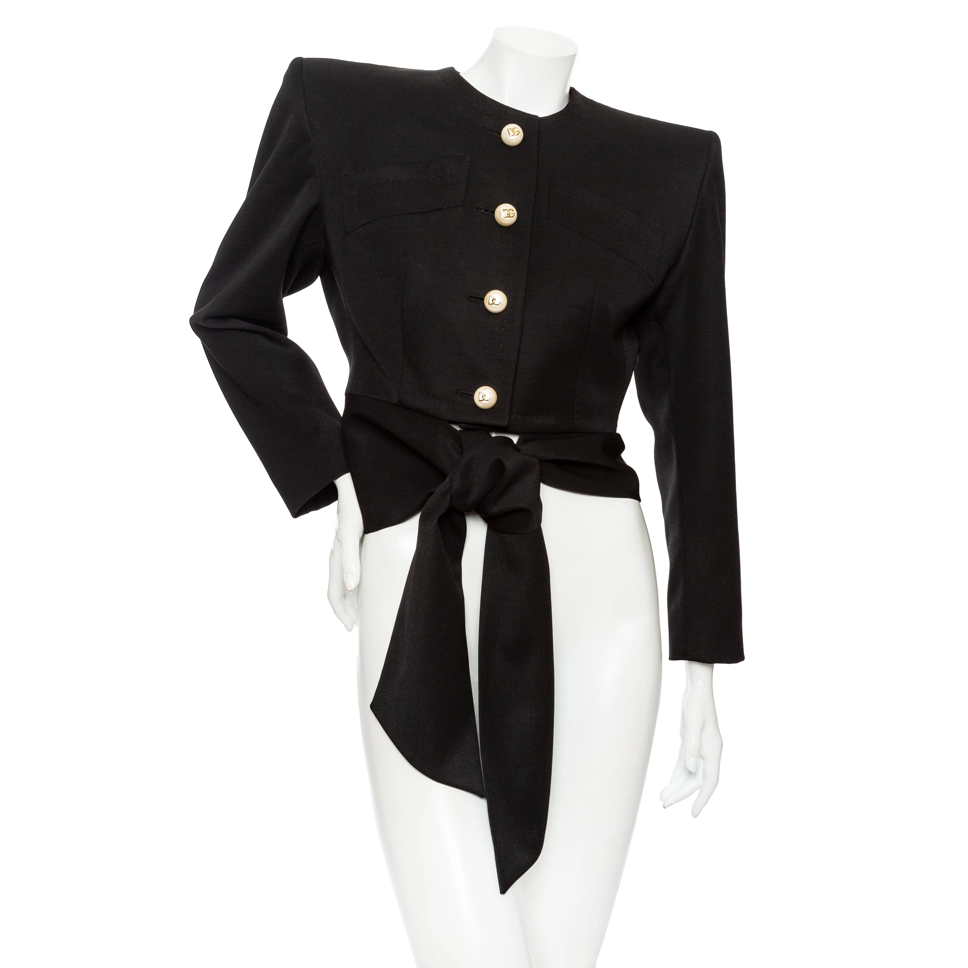 Black Wool Structured Tie-Waist Blazer