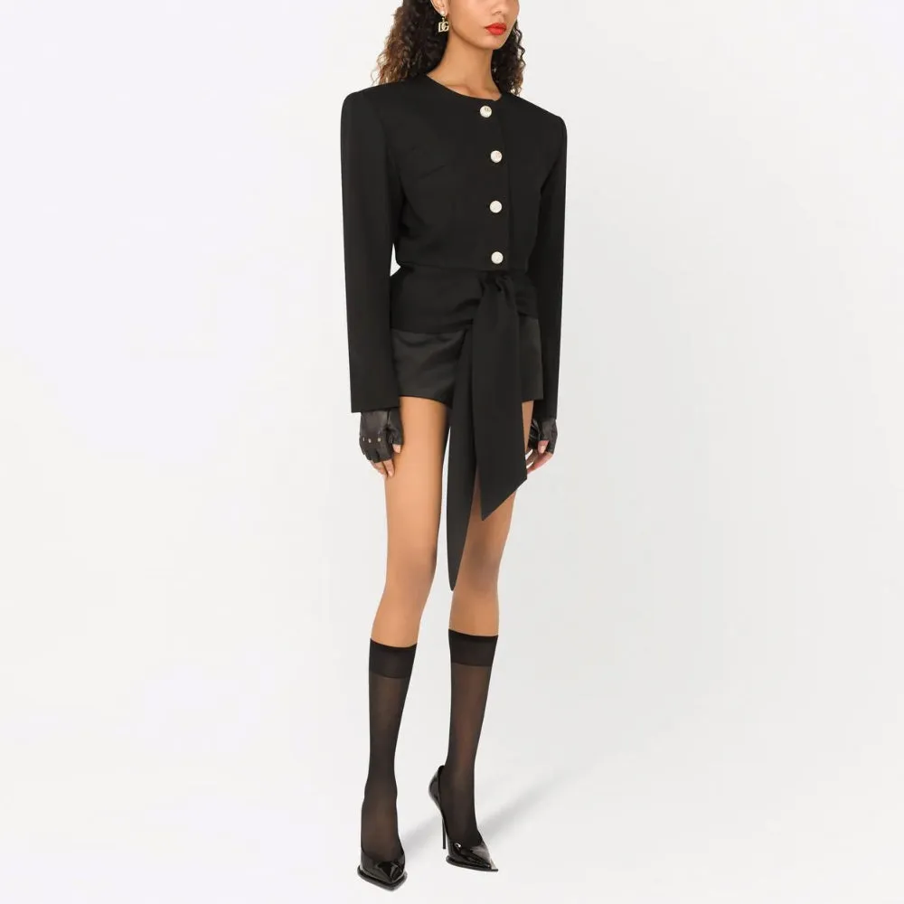 Black Wool Structured Tie-Waist Blazer