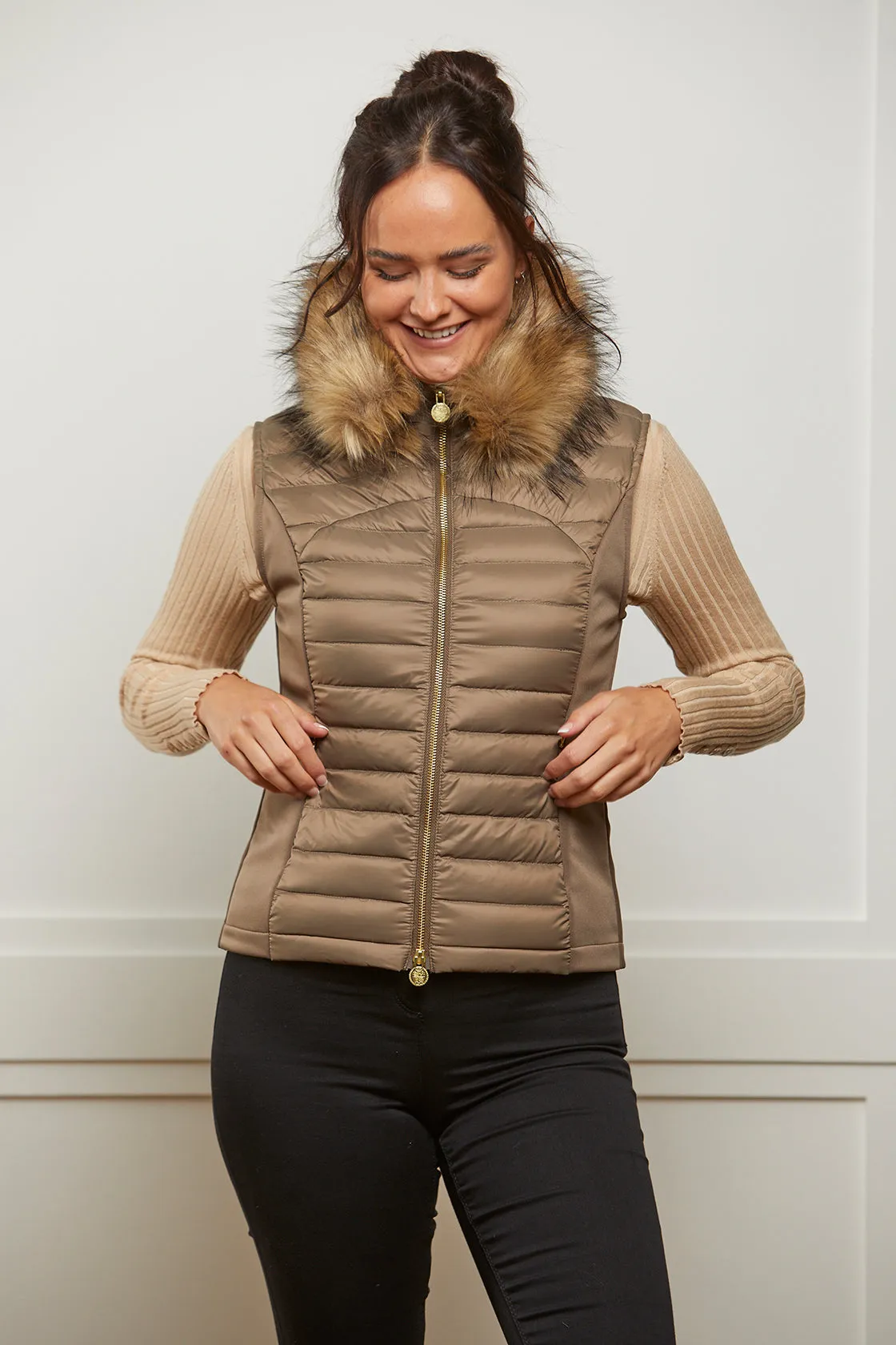 Bronze Puffer Gilet - Luxe Faux Fur Collar - 60% OFF