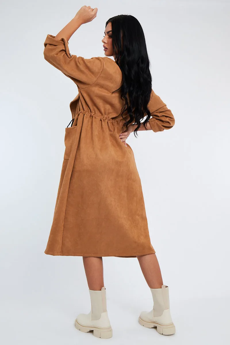 Camel Suede Relaxed Tie Waist Trench Coat - Rora