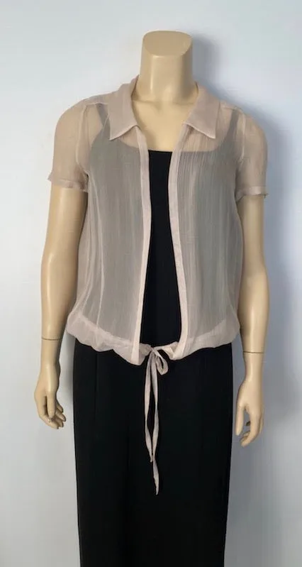 Chanel 04C 2004 Cruise Silk Chiffon Short Sleeve Sheer Drawstring Beige Ecru Blouse Top FR 36 US 2/4